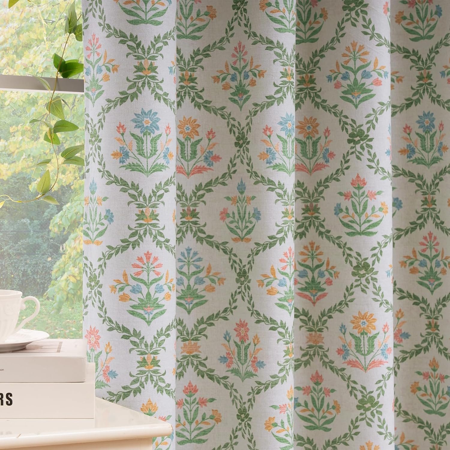 ColorBird 100% Blackout Curtains for Nursery Girls Bedroom Decor Floral Green and Pink Block Print Patterned Cottage Core Curtains & Drapes 84 Inches for Living Room Window Treatments