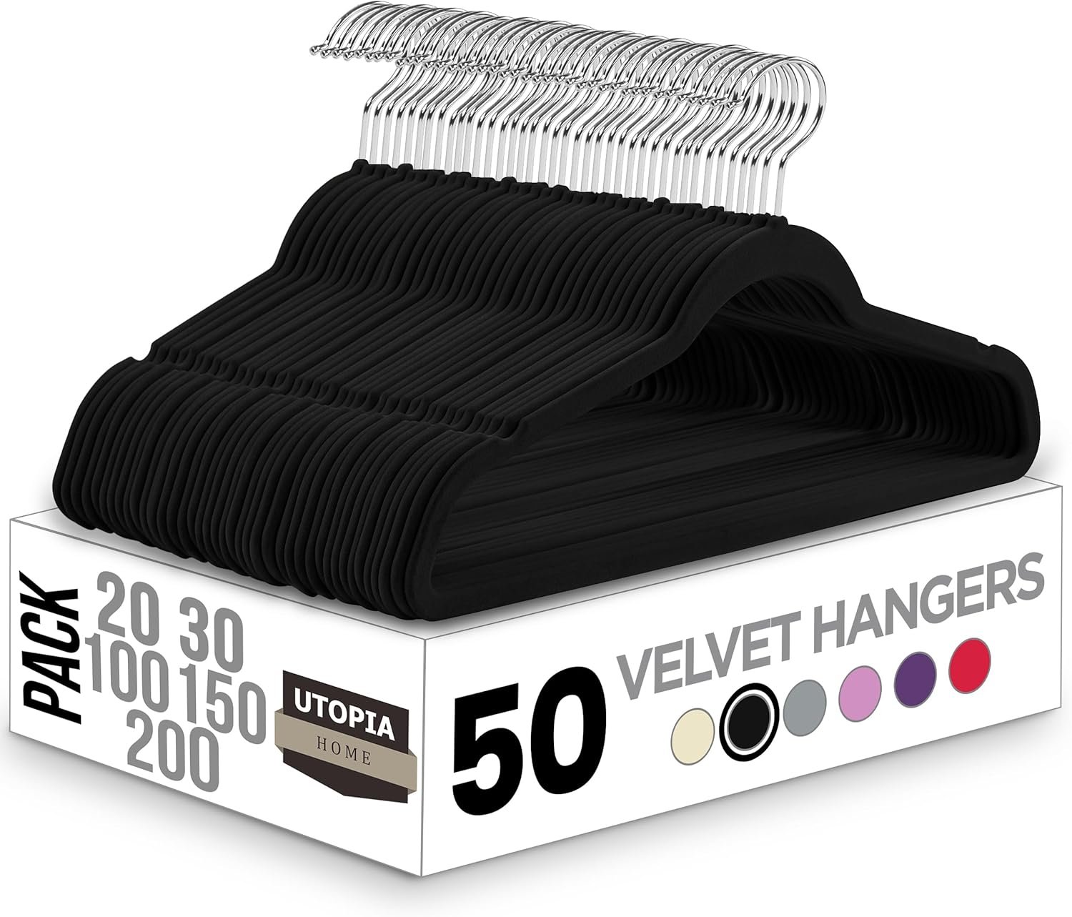 Utopia Home Velvet Hangers 50 Pack – Luxury Non-Slip Slim Pant & Coat Hangers, Strong Space-Saving Clothes Hangers with Pants Bar and 360° Swivel Hook – Black