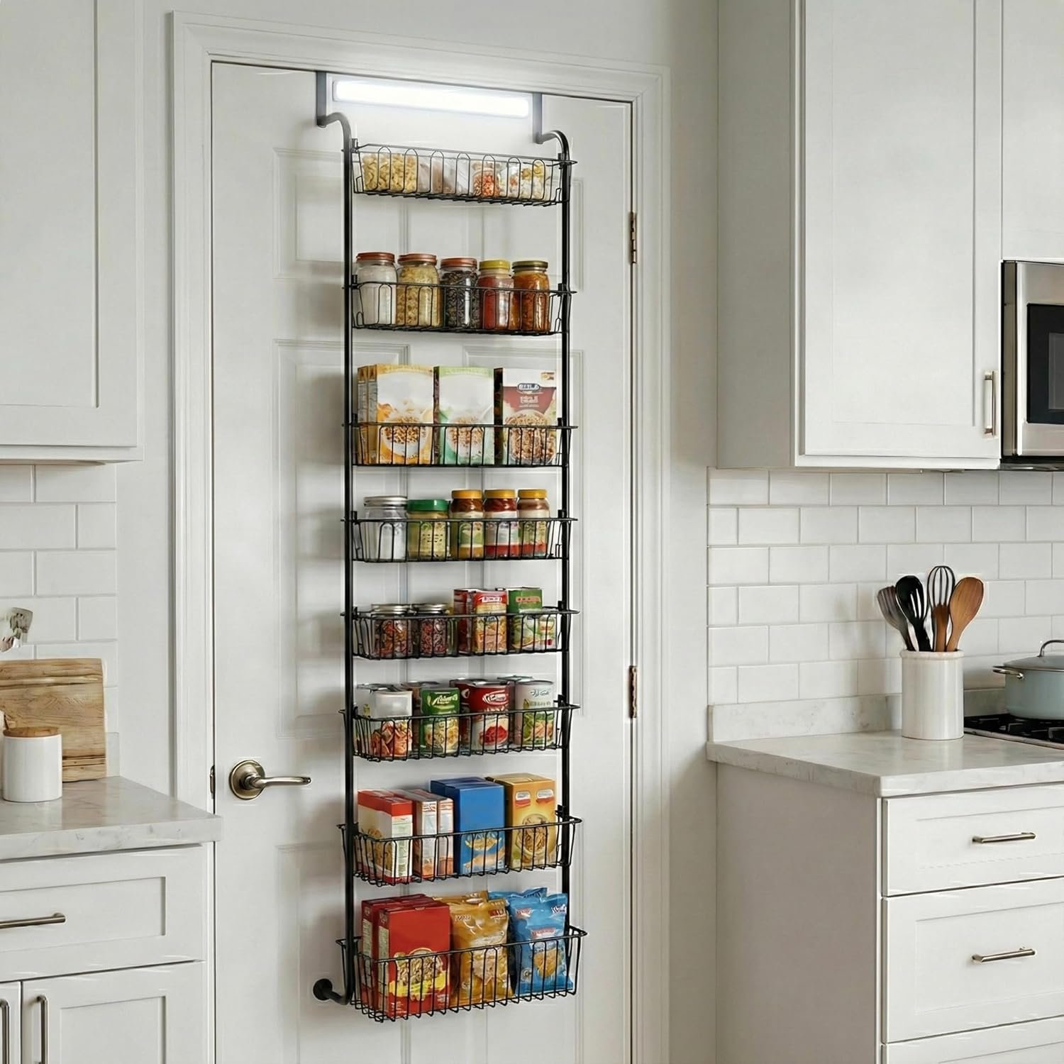 Over Door Organizer Storage – 8 Tier Black Metal Over the Door Pantry Organizer Heavy Duty Hanging Storage Rack, Behind Cabinet Shelves for Home, Kitchen, Bathroom, Closet, Pantry.