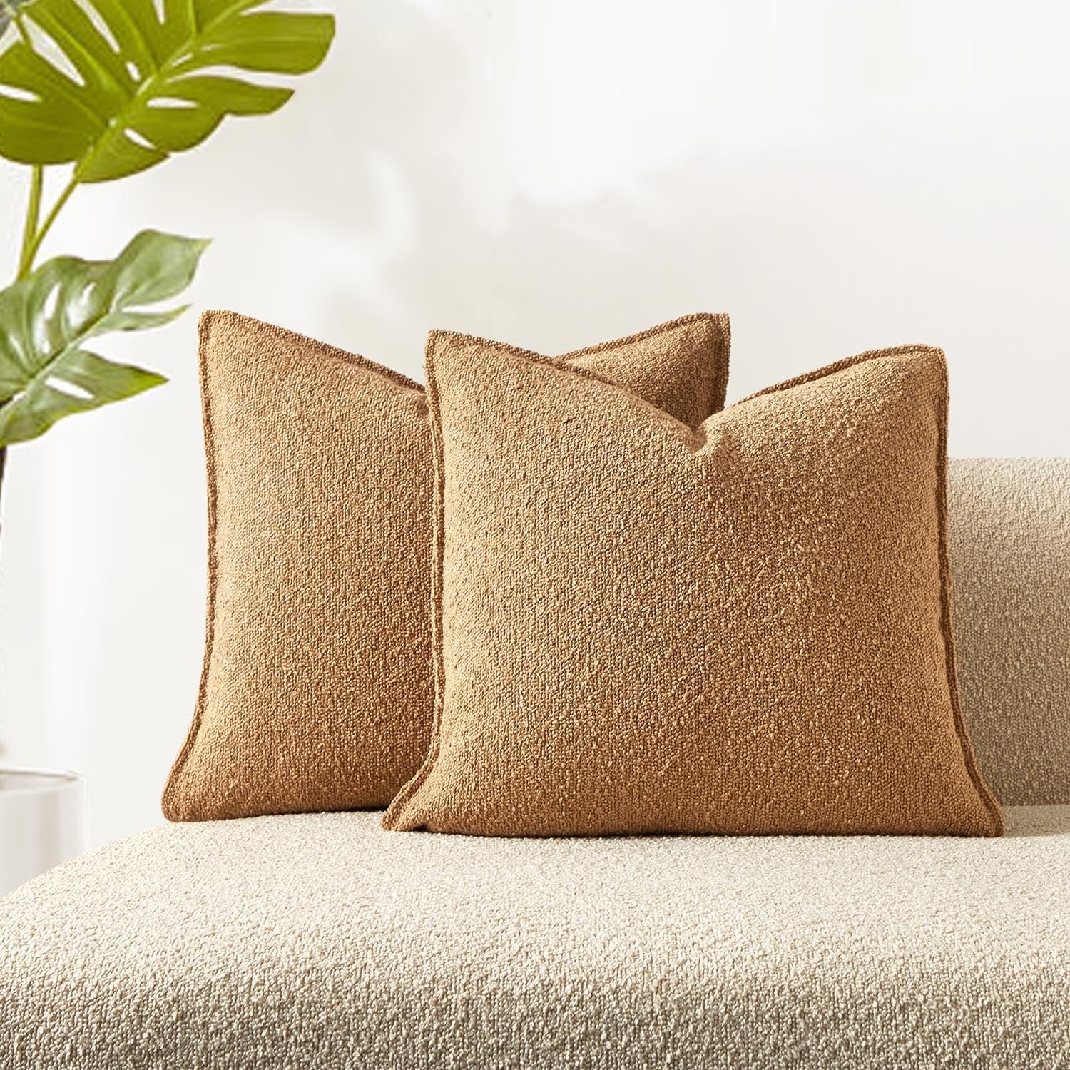 JUSPURBET 18×18 Pillow Covers Set of 2 Decorative Throw Pillow Covers Case for Couch Sofa Bed Soft Boucle Textured Cushion Covers with Hidden Zipper for Home Decor Living Room,Camel