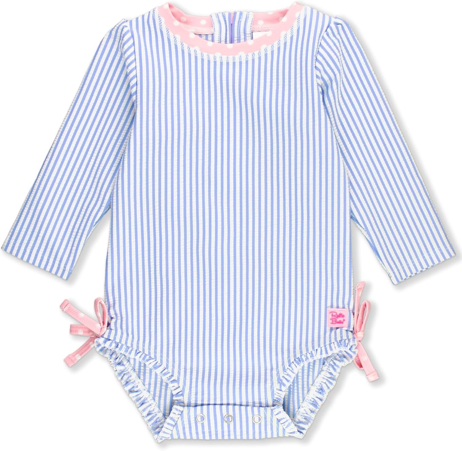 RuffleButts Baby-Girls Seersucker Long Sleeve Rash Guard – One Piece Swimsuit UPF 50+ Toddler