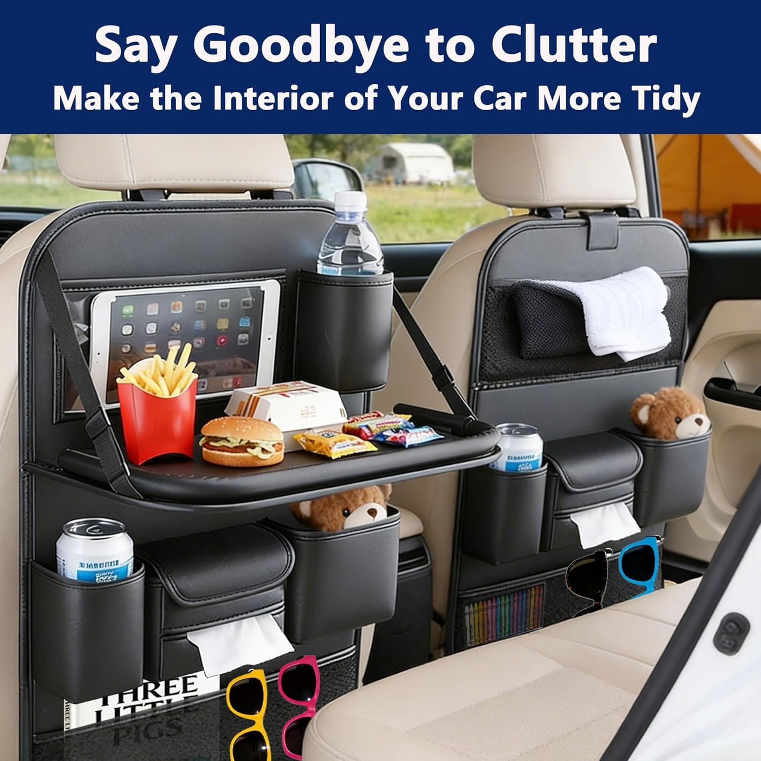 Car Backseat Organizer with Tray – Back of Car Seat Organizer & Storage Caddy, Sturdy Back Seat Organizer with Touch Screen for Tablet, Snacks, Drinks, Tissues… | Waterproof, Universal Fit | 1 Pack