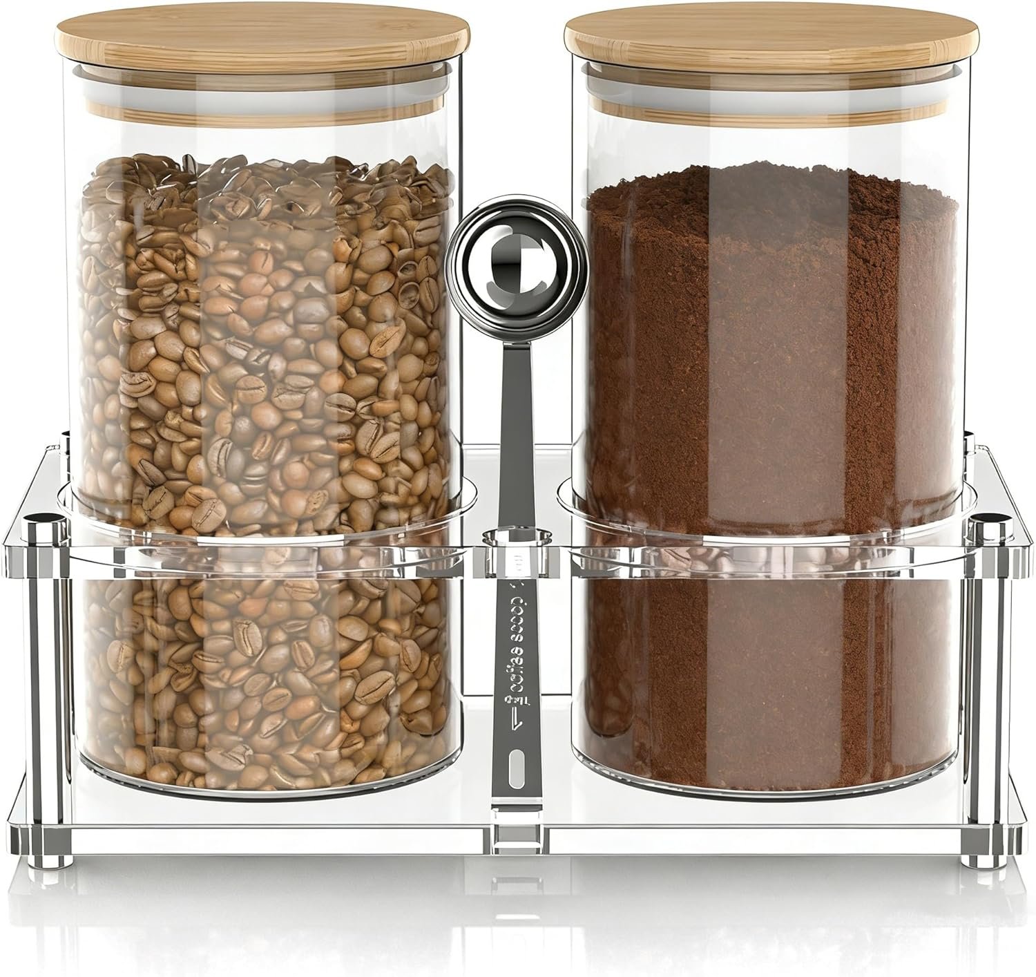 YAGELI Glass Coffee Canister Set with Acrylic Shelf, 2-Pack 44oz Airtight Food Storage Containers, Bamboo Lid & Scoop for Ground Coffee Sugar Tea Nuts Kitchen Pantry
