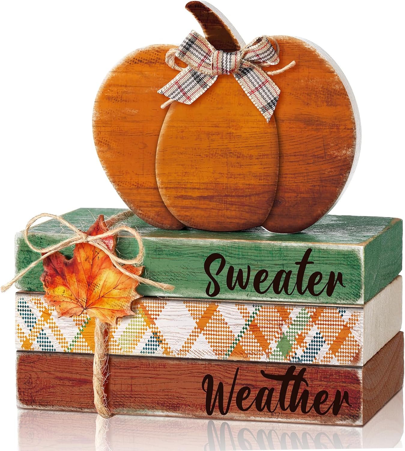 FairySandy 4 Pcs Fall Decorations for Home Fall Tiered Tray Decor Wood Pumpkin Book Stack with Sign Autumn Stacked Book Decor Bundle for Office Table Shelf Decorative Trays