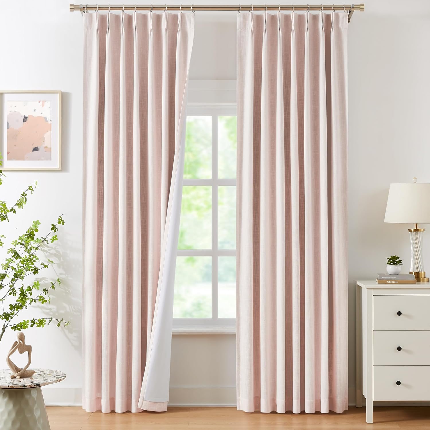 WEST LAKE Bailey Pinch Pleat Full Blackout Curtains 90 Inches Long,Pink Linen Textured 100 Room Darkening Drapes with Back Tabs for Lovely Girls Room Bedroom,Rustic Window Treatment,40″ Wx90 Lx2