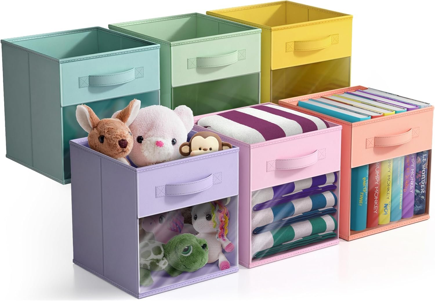 Sorbus 11 Inch Storage Bins with Clear Window – 6 Foldable Baskets for Organizing Clothes, Toys, Books – Sturdy Collapsible Fabric Storage Cubes with Handle – Storage Baskets for Shelves, Closets