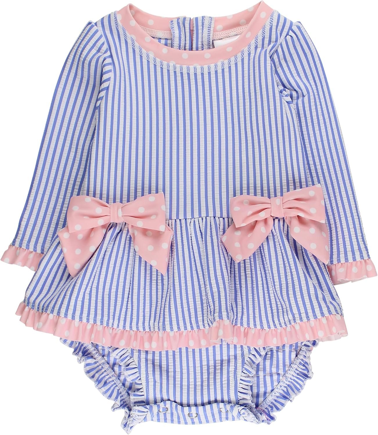 RuffleButts Baby Girls UPF50+ Seersucker Long Sleeve One Piece Bow Peplum Rash Guard Swimsuit
