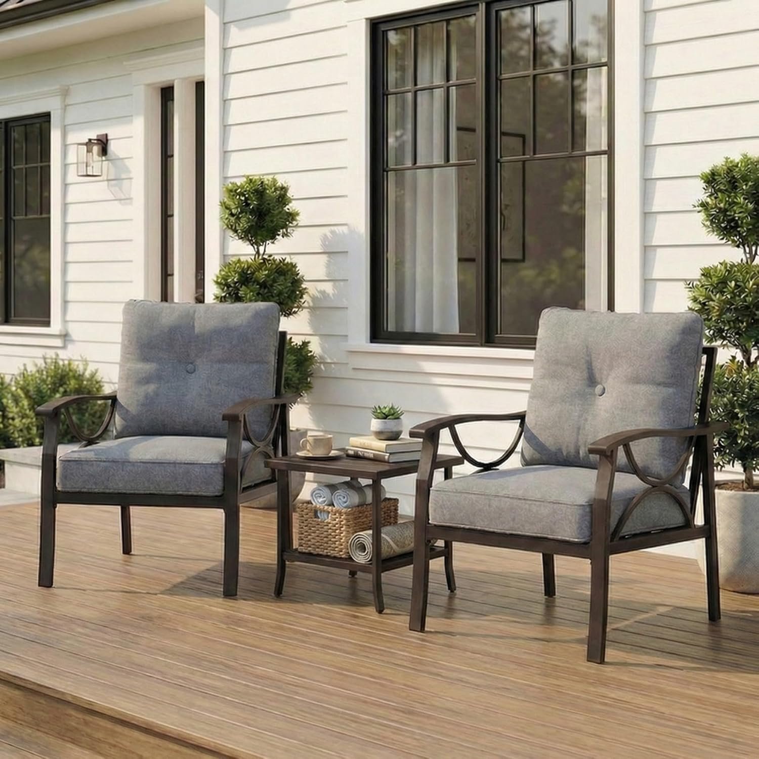 RoyalCraft Outdoor Patio Furniture Set, 3 Pieces Metal Patio Conversation Set with Side Table for Porch Garden Backyard, Grey