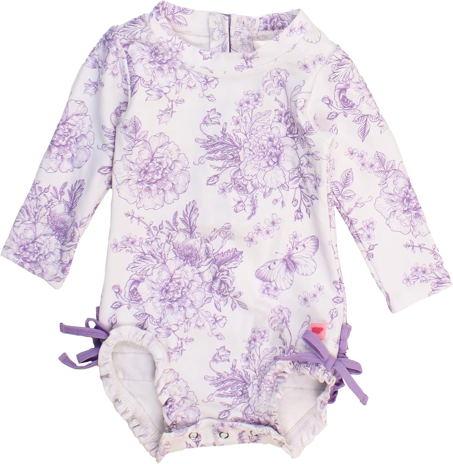 RuffleButts Baby Girls UPF 50+ Sun Protection Floral Printed Long Sleeve One Piece Rash Guard Swimsuit with Zipper