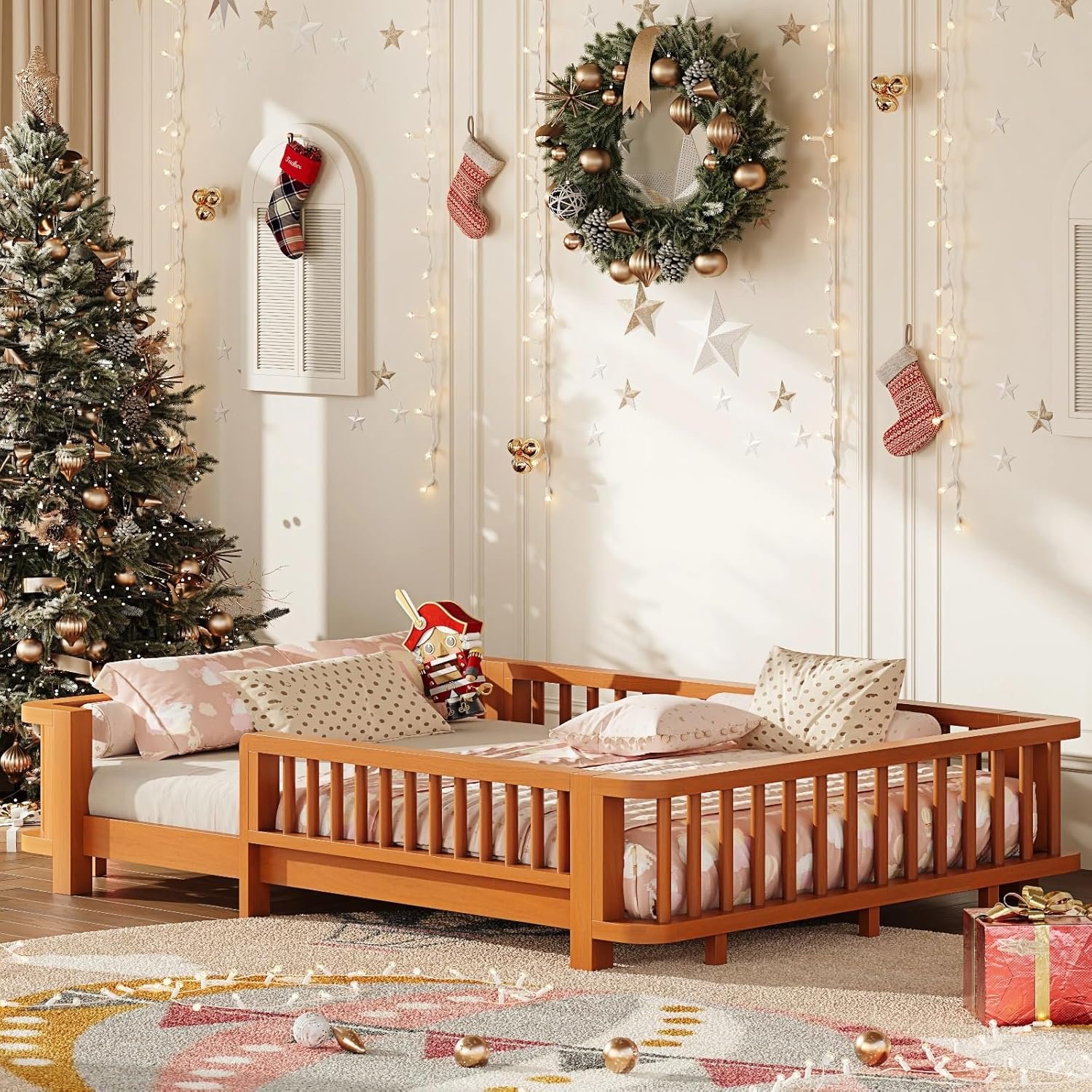 Full Floor Bed for Kids,Toddler Montessori Floor Bed Frame with Rails,Solid Wood Low Profile Twin Size Bedframe with Wood Slats,Rounded Corner for Boys Girls,No Box Spring Needed