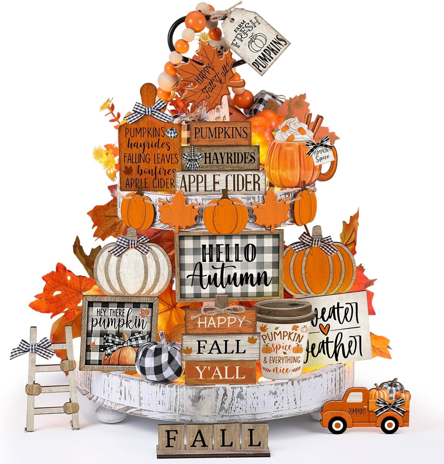 DoubleFill 21 Pcs Fall Thanksgiving Tiered Tray Decoration Set Thanksgiving Table Sign Pumpkins Farmhouse Gnome Maple Leaves Centerpieces Harvest Wood Blocks Signs Fall Block Tabletop for Autumn