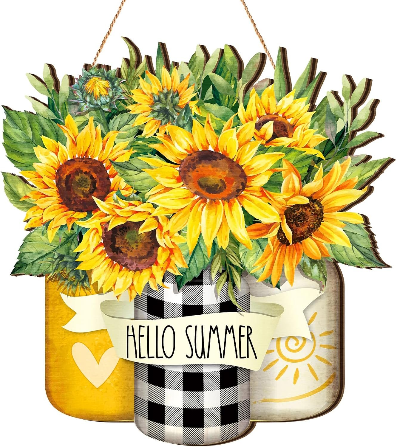 Karenhi Sunflower Hello Summer Sign Welcome Summer Decorations Wood Flower Sign Sunflower Inspirational Door Hanger Outdoor Wooden Front Door Decor for Home Farmhouse Porch Kitchen