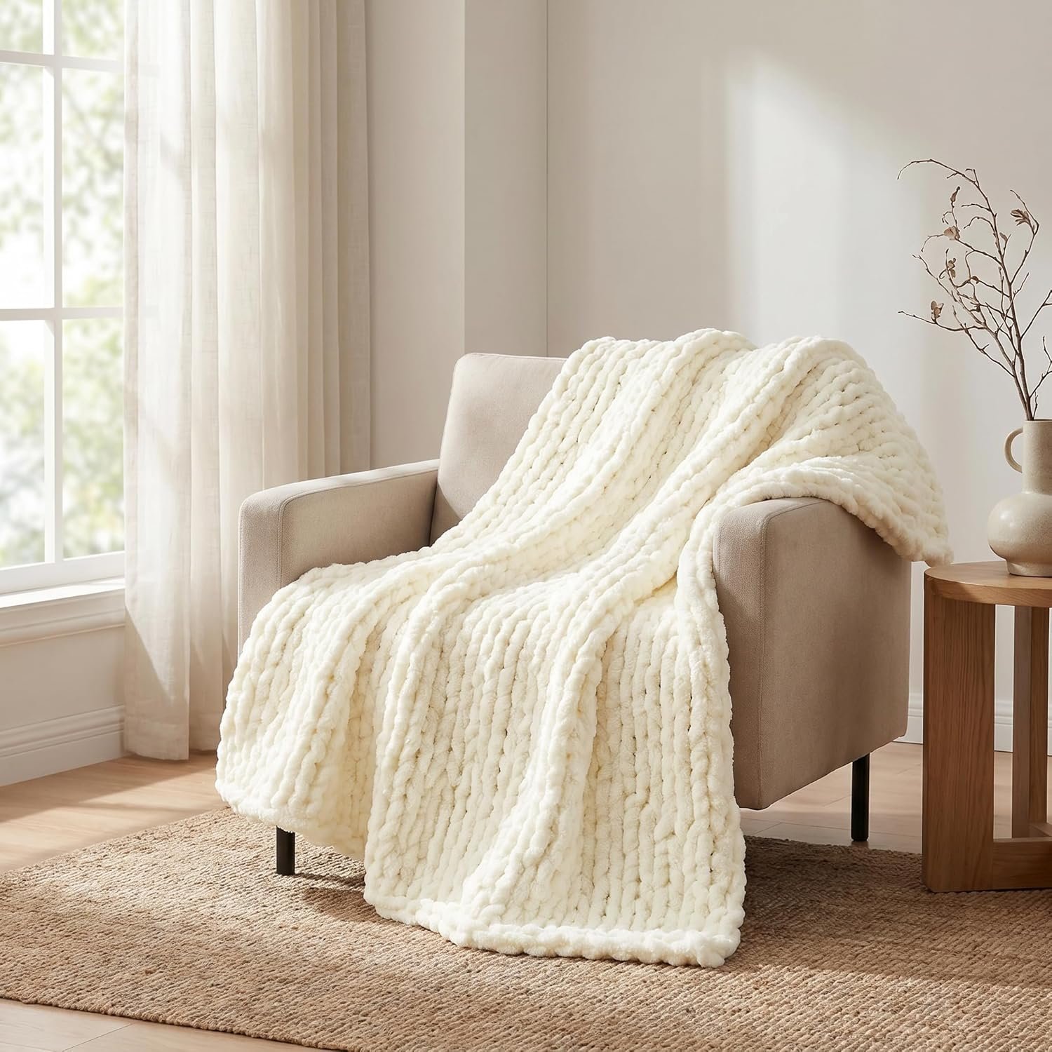 Luxury Super Chunky Knit Throw Blanket, Handmade Chenille Cable Knit Crochet Blanket 50×60, Soft Thick Chunky Yarn Knit Throw for Couch & Bed, No Shedding, Ivory/Cream Home Decor Gift