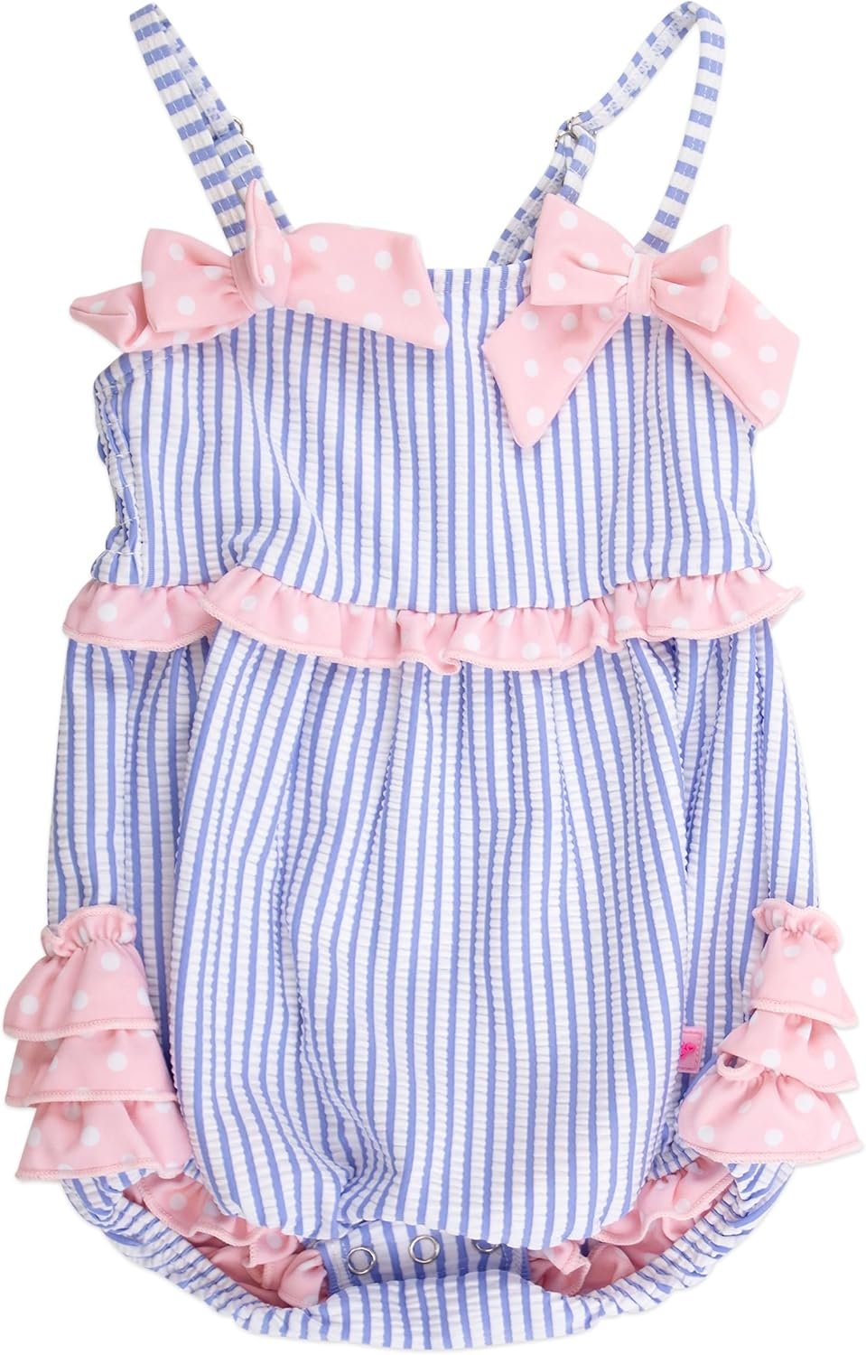 RuffleButts Baby Girls UPF50+ Seersucker One Piece Bow Bubble Romper Swimsuit