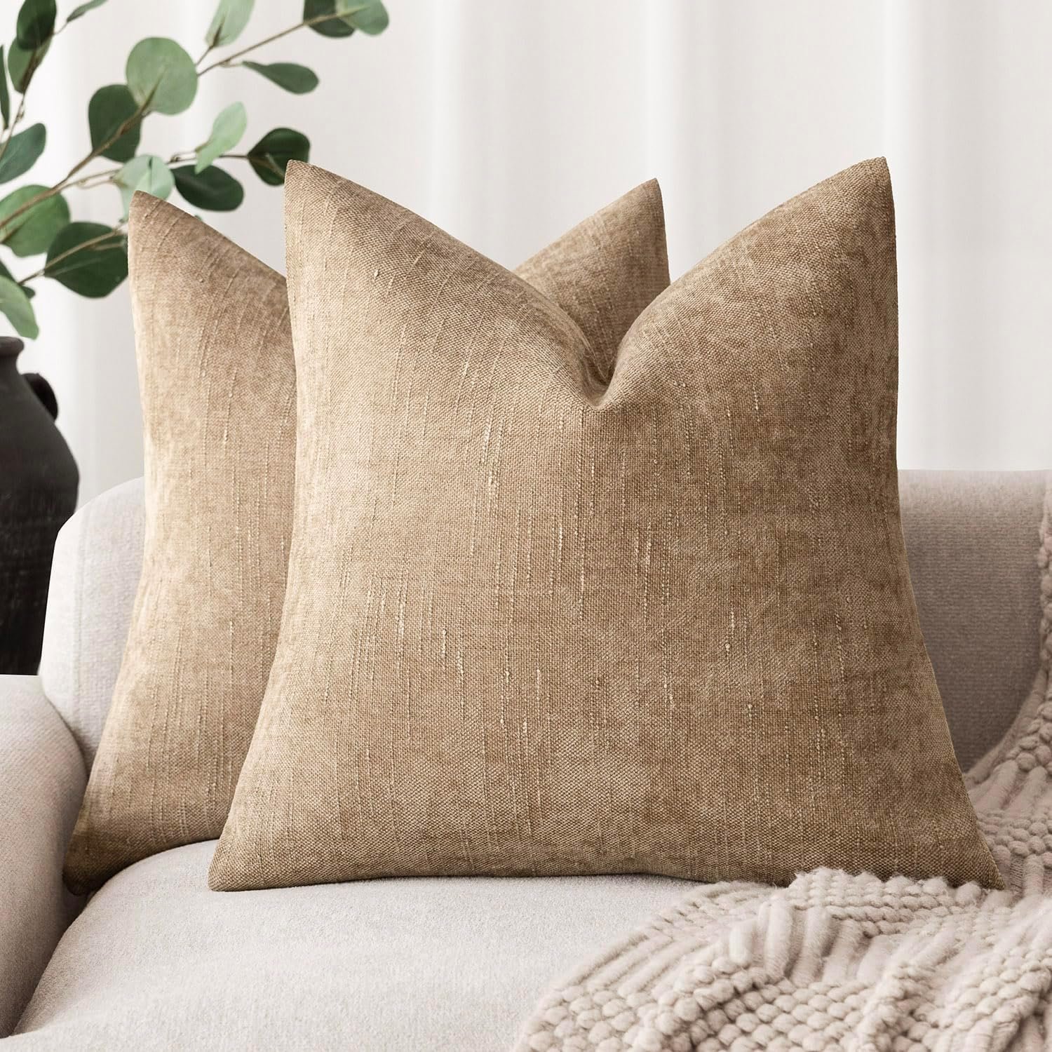 Foindtower Pack of 2 Textured Chenille Throw Decorative Pillow Covers Square Accent Solid Cushion Cover Neutral Farmhouse Pillow Case for Couch Sofa Bedroom Living Room 20×20 Inch,Taupe Khaki Camel