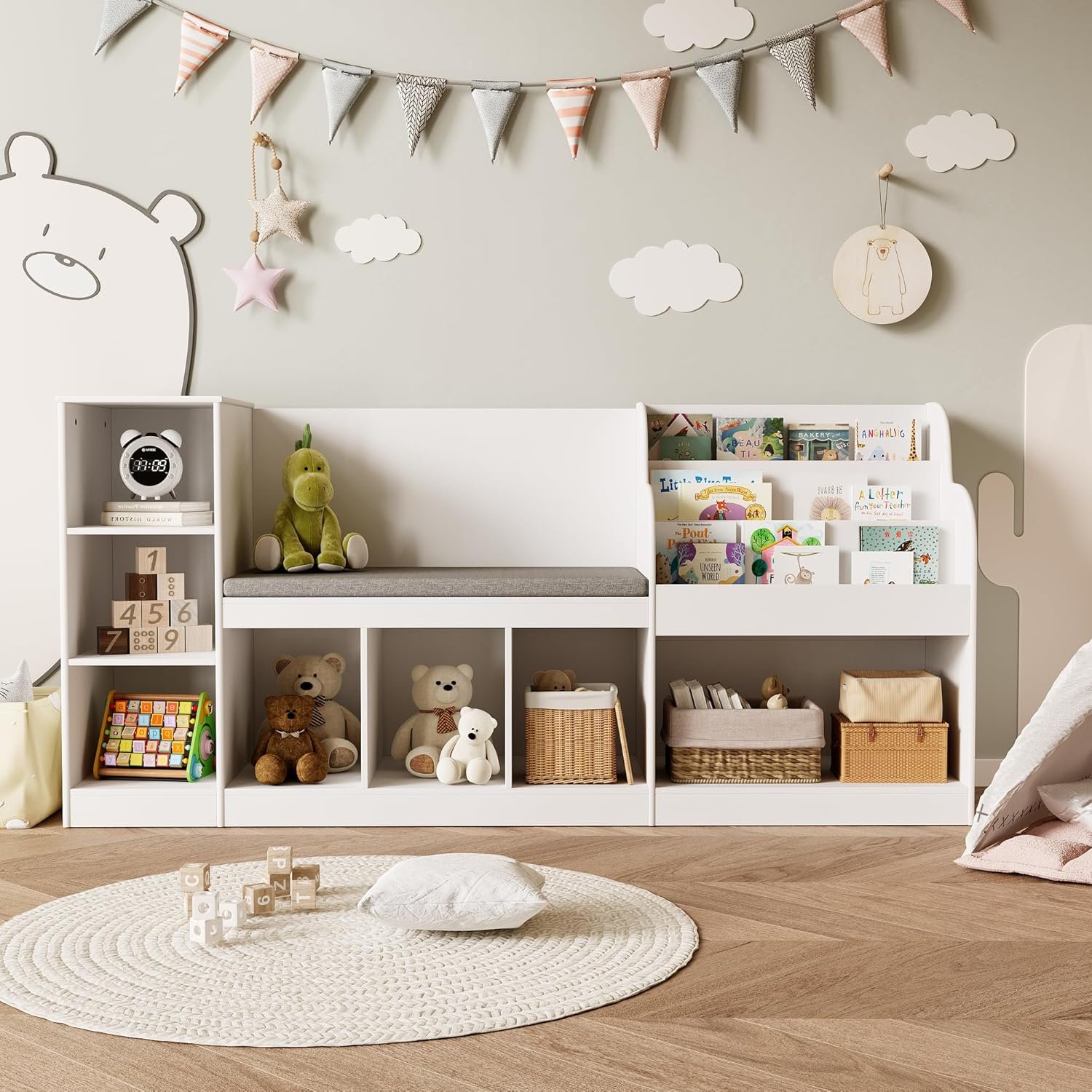 Gizoon 67″ Kids Reading Nook with Bench for Child, Toy Storage Organizer with Seat Cushion, Anti-Tip Design, Rounded Corners for Playroom Bedroom Nursery Kids Room School