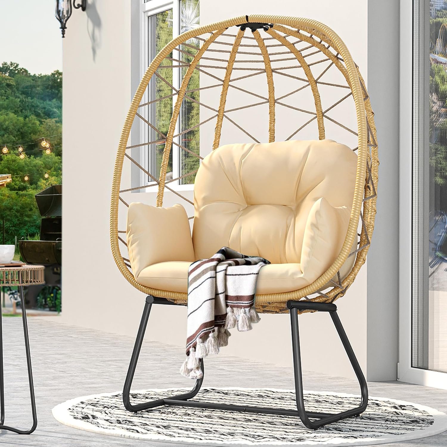 YITAHOME Egg Chair with Stand Outdoor Indoor Egg Lounge Chair with Cushion Wicker Chair PE Rattan Chair Included for Patio, Garden, Backyard, Porch, Beige