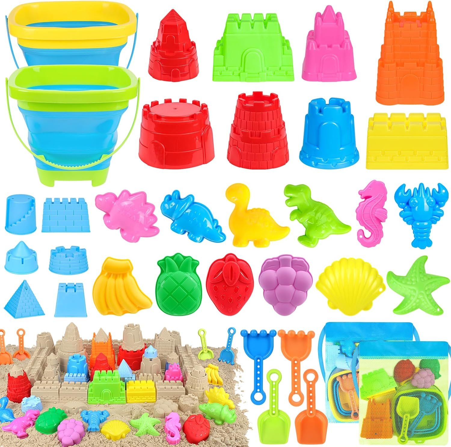 RACPNEL Collapsible Beach Toys Set for Kids Toddlers, Travel Beach Sand Castle Kits with Mesh Bag & Molds, Collapsible Sand Bucket and Shovel Set, Sandbox Toys for Toddlers Kids Age 3-12