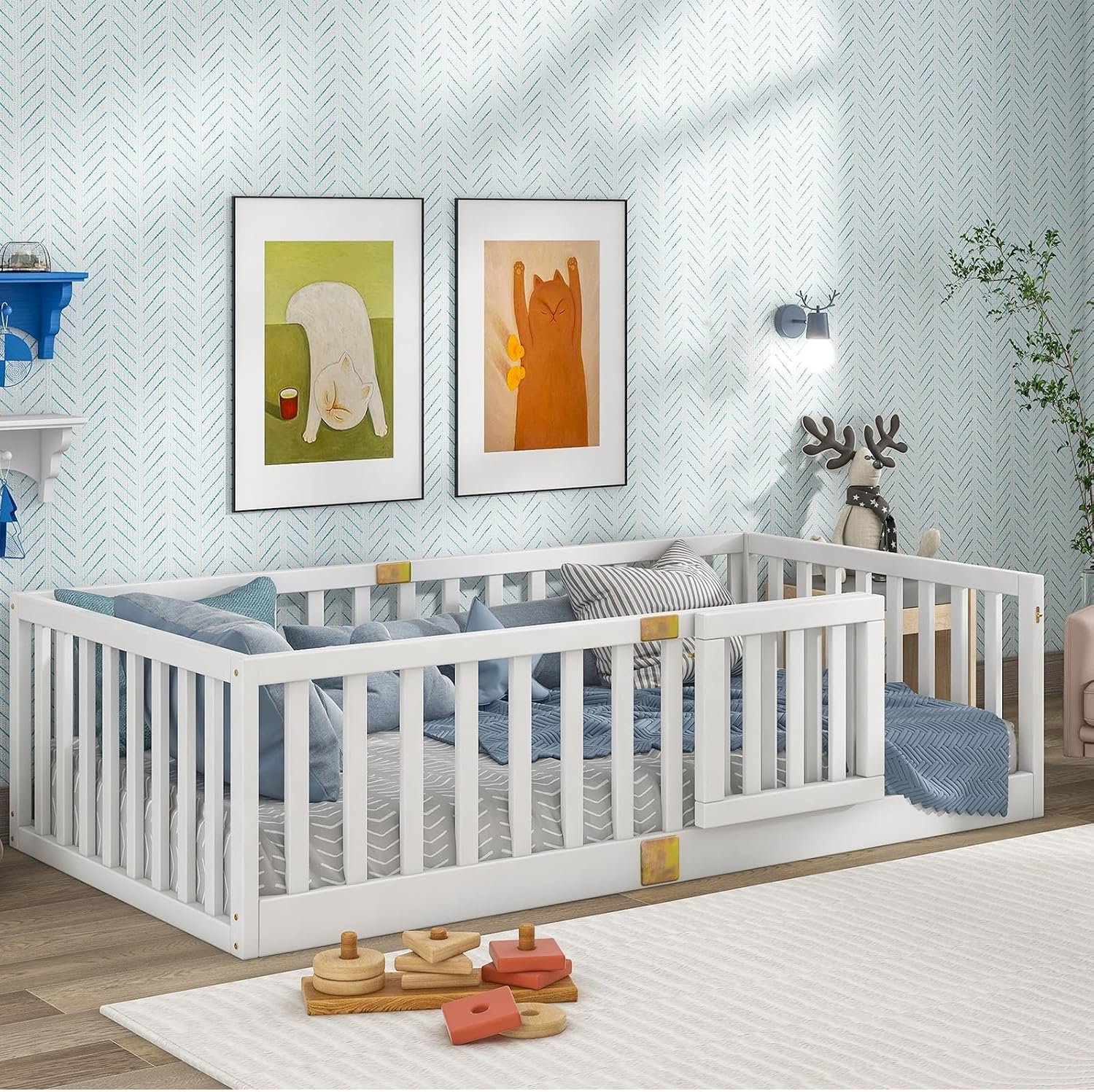Tatub Twin Montessori Floor Bed with High Rails, Solid Wood Montessori Bed Frame for Kids, Door Can Install Left and Right, Twin-White