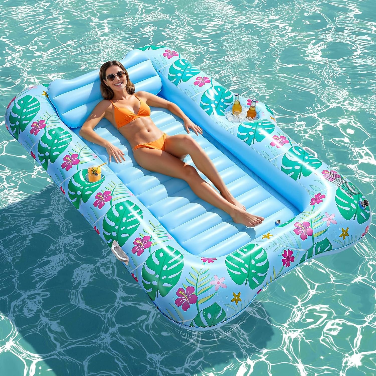 HeySplash Inflatable Pool Float Lounge, Large Inflatable Pool Floats Boat for Adults with Cup Holder/Pillow, Tanning Pool Lounger Float for Outdoor Lake River Summer Water Party