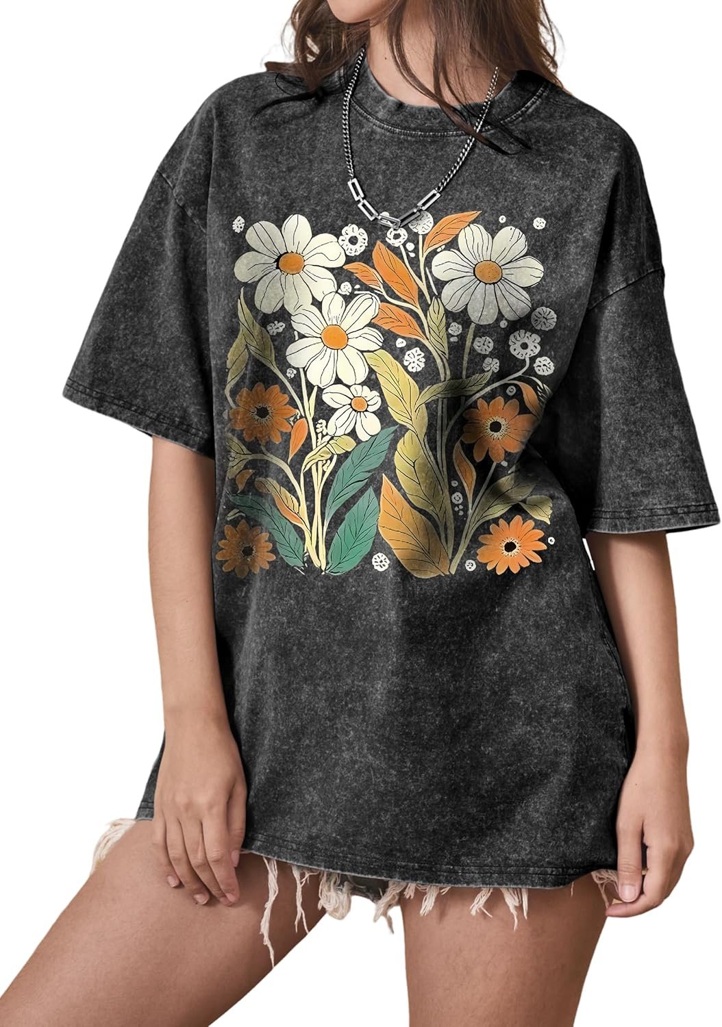 Oversized Graphic T Shirts for Women – Vintage Acid Wash Short Sleeve Tee with Flower Print, Casual Summer Loose Shirt