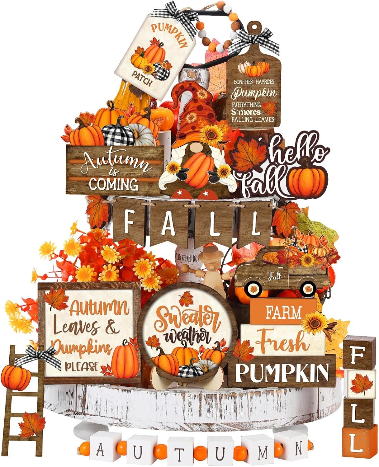 Maitys 21 Pcs Thanksgiving Tiered Tray Decor Set Fall Pumpkin Gnome Truck Scarecrow Wood Sign Rustic Farmhouse Decor Hello Fall Wood Bead Decorative Tabletop Sign for Autumn Thanksgiving Day(Vintage)