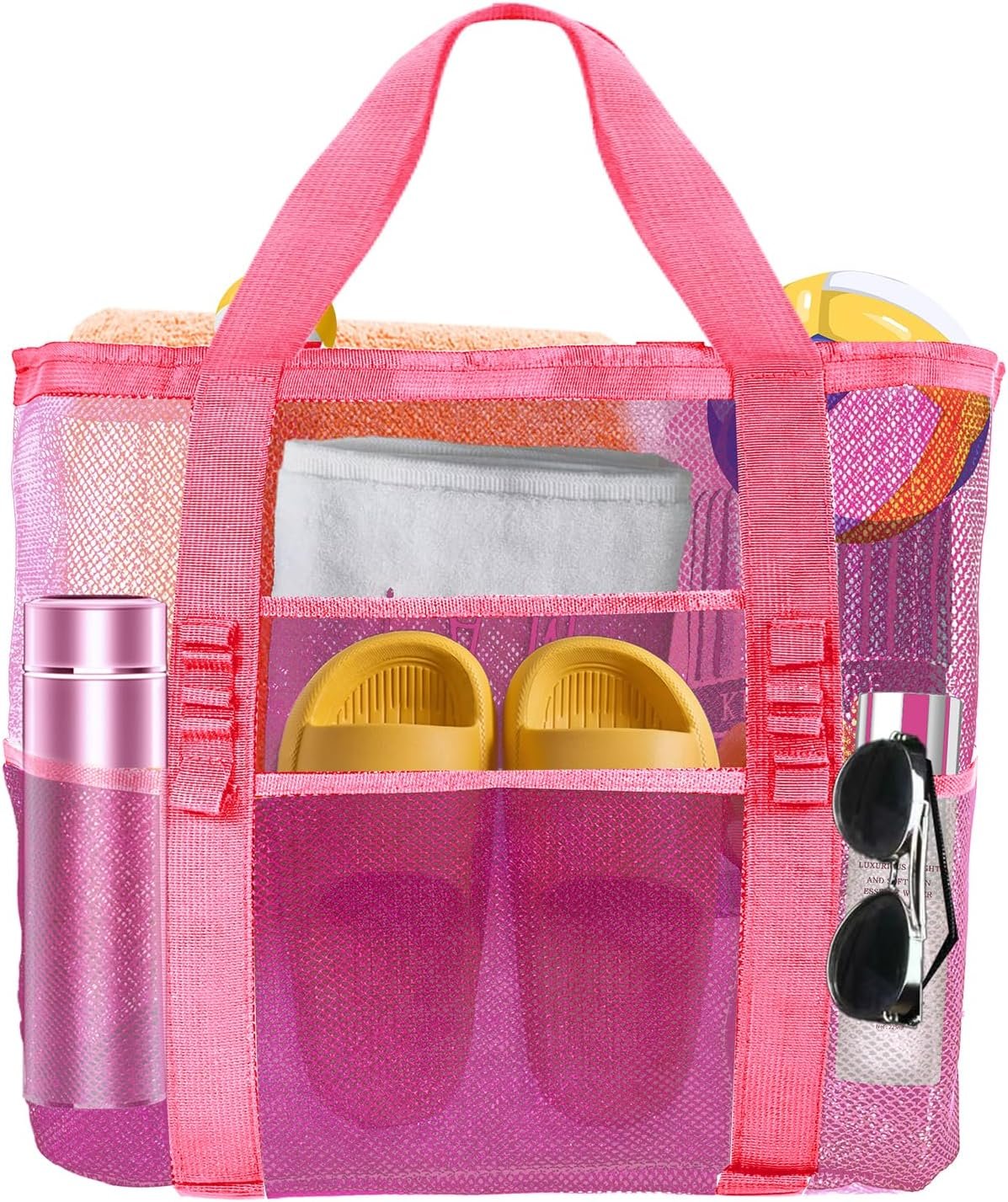 Large Mesh Beach Bag – Lightweight & Foldable Family Beach Bag with 9 Pockets for Toys, Towels & Vacation Essentials