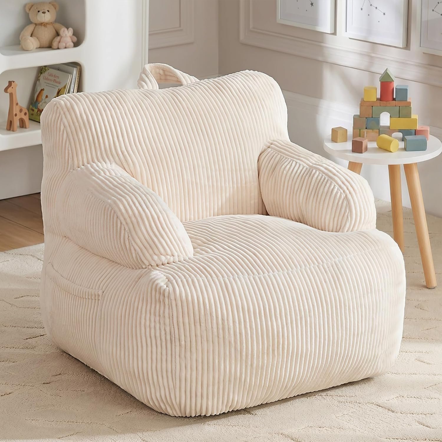 Bean Bag Chairs for Kids with Armrests, Comfy Kids Bean Bag Chair, Stuffed Toddler Bean Bag Sofa for Boys and Girls, Small Bean Bags for with Pocket, Floor Chair for Gaming, Reading & Relaxing, Beige