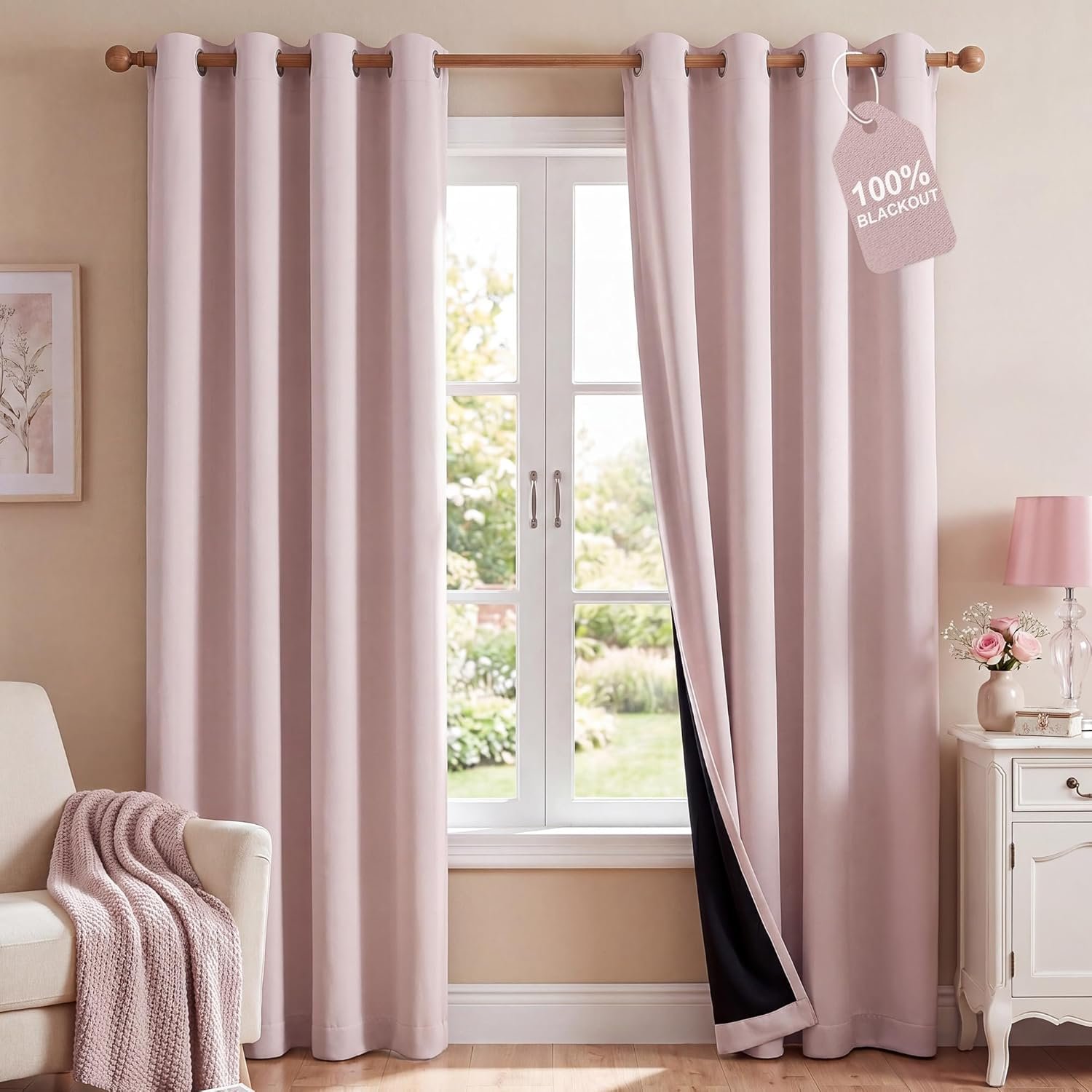 NICETOWN 100% Blackout Window Curtain Panels 84″ Long, Blush Pink, 2 Pieces, 52 inches Wide Each Panel, Heat and Cold Blocking Drapes with Black Liner for Nursery, Thermal Insulated Draperies