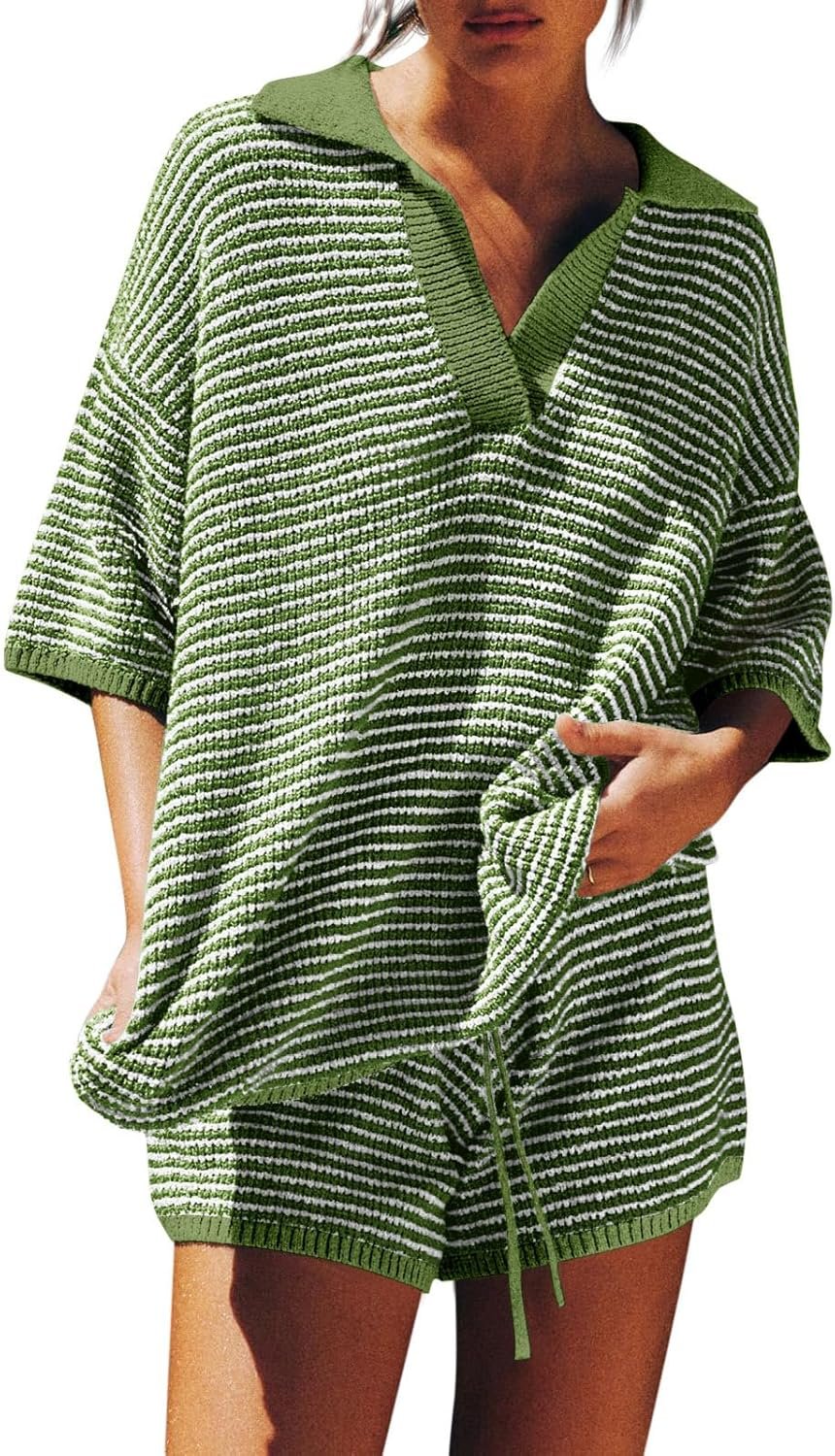 Tankaneo Womens Sweater Set 2 Piece Outfits Oversized 3/4 Sleeve V Neck Knit Tops High Waisted Shorts Lounge Sets
