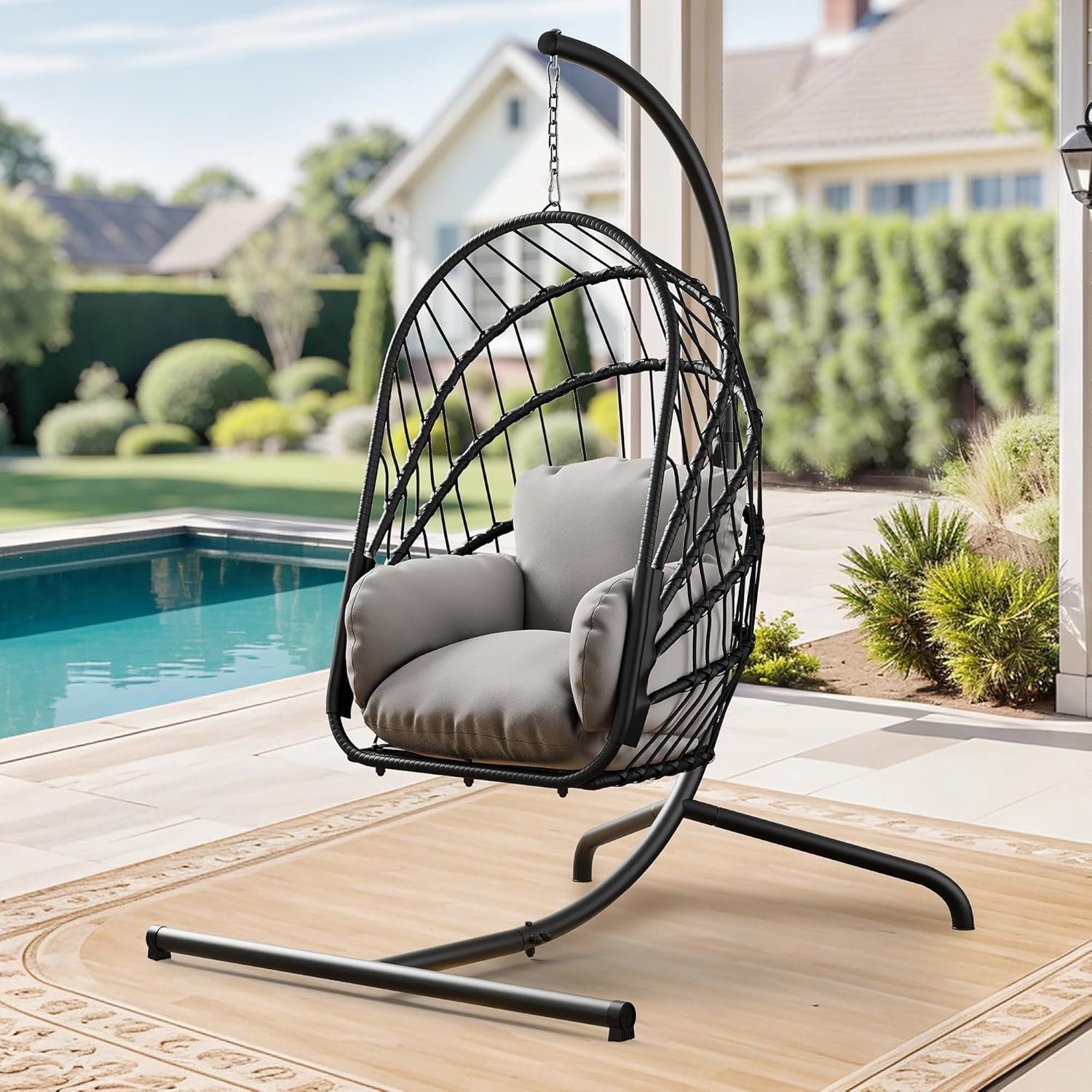 YITAHOME Hanging Egg Chair with Stand, Rattan Wicker Swing Egg Chair with Resistant Cushion, 370lbs Capacity, Foldable Hanging Basket Chair for Porch, Garden, Bedroom, Balcony – Grey