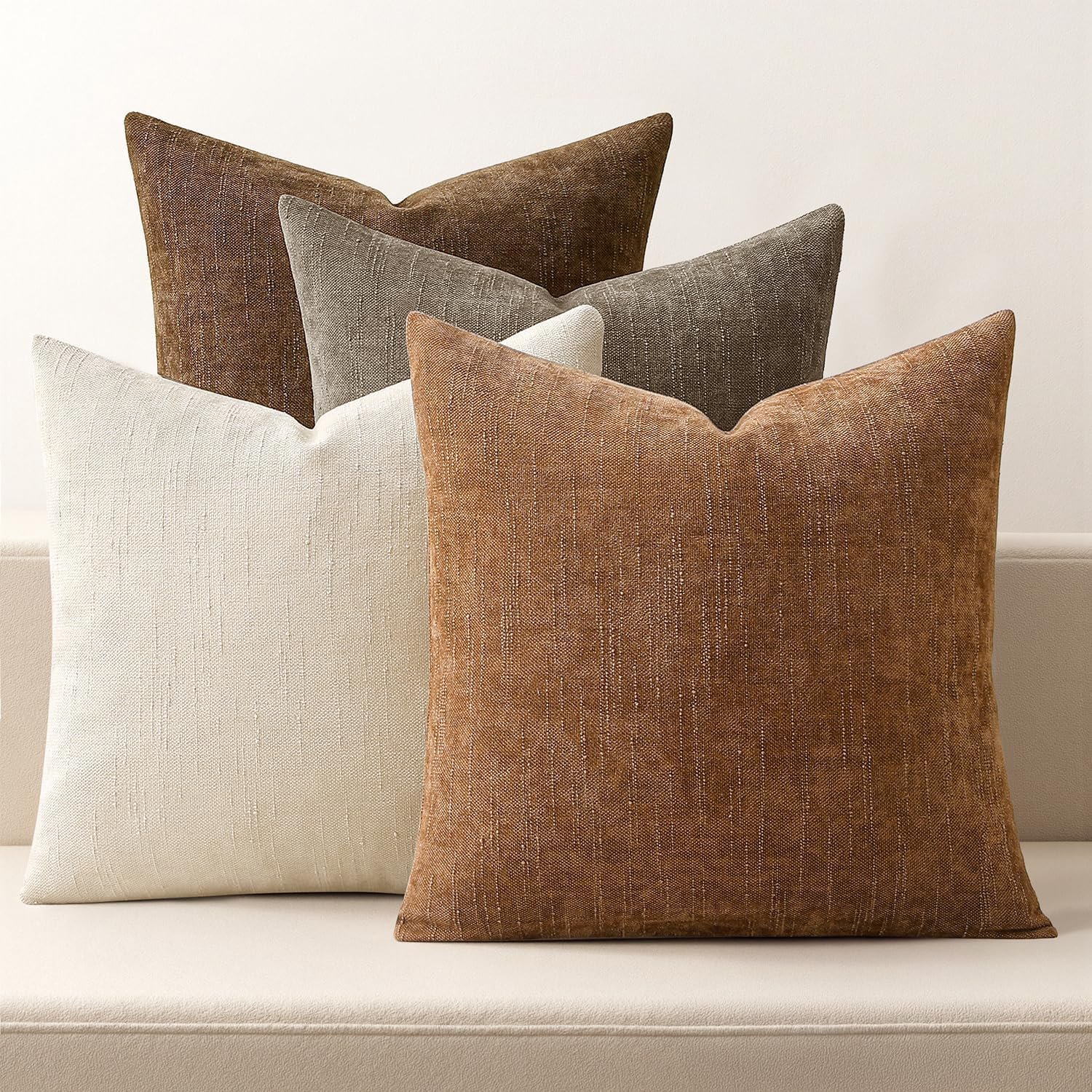 MIULEE Pack of 4 Decorative Throw Pillow Covers 18×18 Inch Brown Chenille Textured Throw Pillows Boho Farmhouse Rustic Cushion Covers for Vintage Modern Home Decor Couch Sofa Bed Living Room