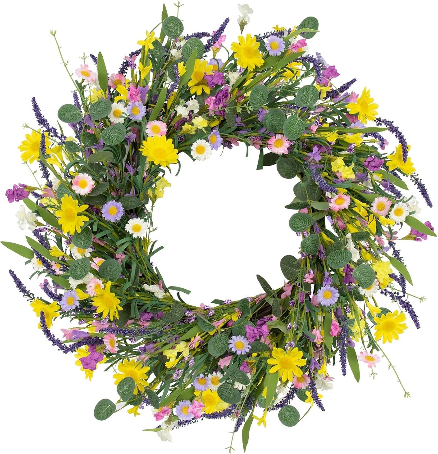 LLZLL Spring Decorations for Home 22″ Spring Wreath Artificial Summer Wreaths with Eucalyptus Leaf Lavender and Daisy for Easter Indoor Outdoor Home Festival Celebrations