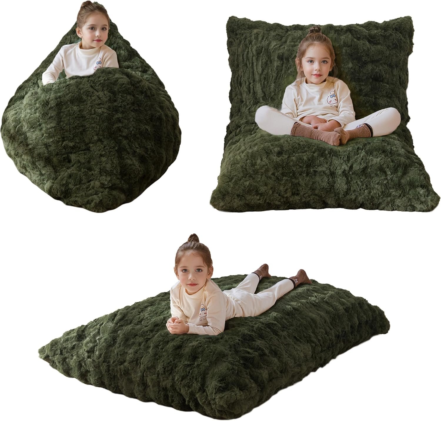 MAXYOYO 3 in 1 Kids Bean Bag Chair, Child Floor Sofa for Gaming, Reading, Convertible Bean Bag Floor Cushion with Machine Washable Cover for Living Room Bedroom, Green