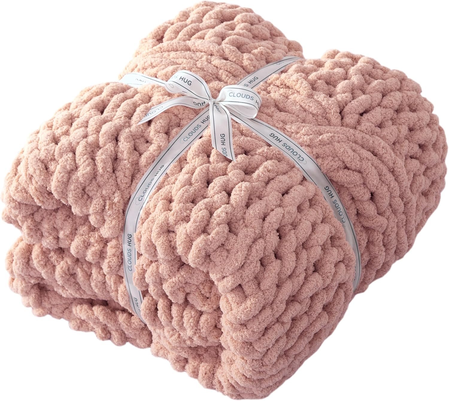 Chunky Knit Blanket Throw – 100% Hand Knitted Chunky Soft Throw Blanket for Couch, Thick and Warm Blanket for Winter, Pink, 50×60 Inches