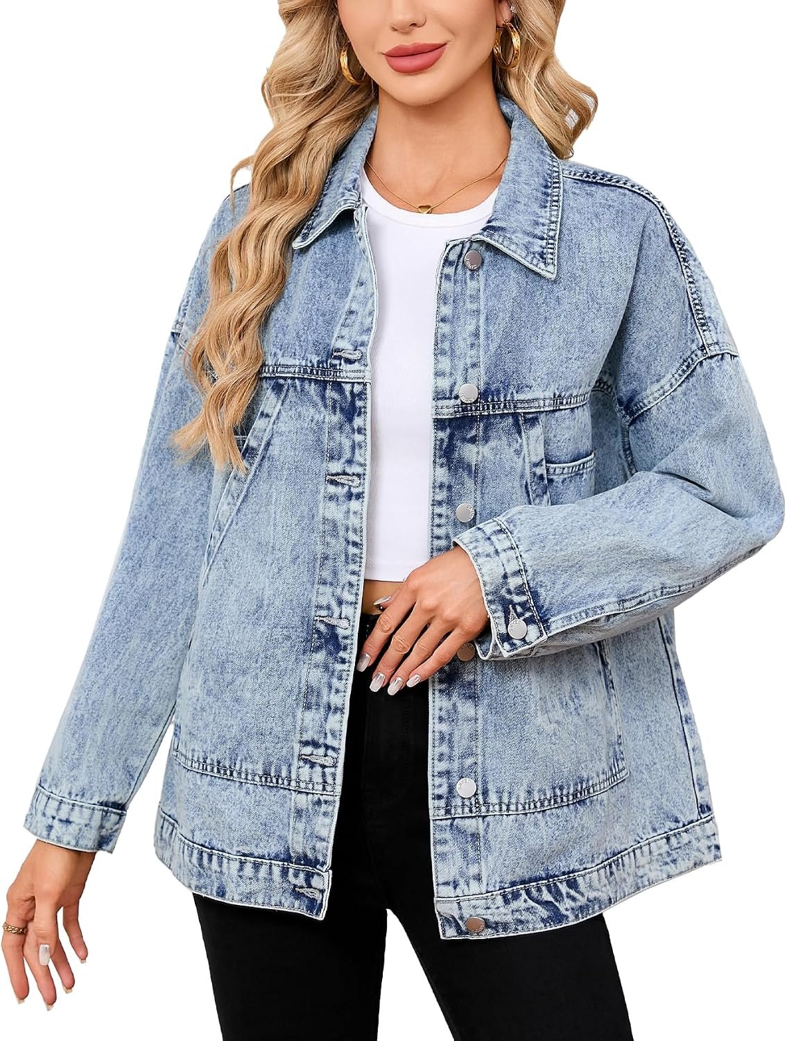 YEXPINE Women’s Denim Jacket Long Sleeve Drop Shoulder Button Front Oversized Jean Jacket Coat With Pockets