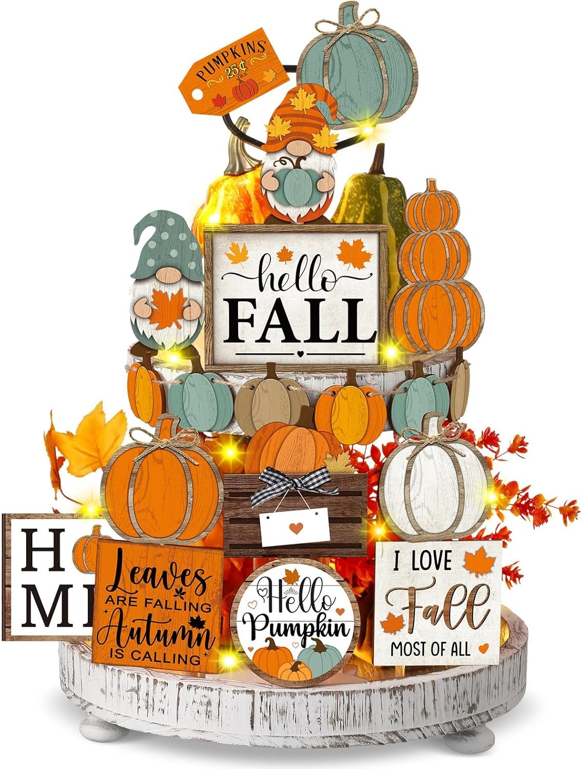 FairySandy 21 Pcs Fall Tiered Tray Decoration Set Fall Table Sign Pumpkins Farmhouse Decor Gnome Maple Leaves Centerpieces Thanksgiving Harvest Wood Decorative Blocks Tabletop Sign for Autumn(Pumpkin)