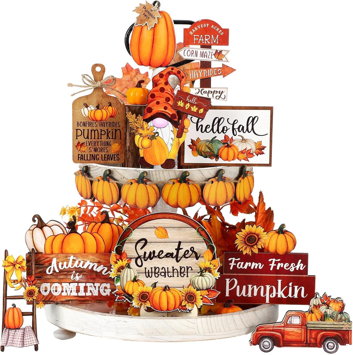 Dandat 16 Pcs Thanksgiving Tiered Tray Decor Fall Tiered Tray Decoration Pumpkin Gnome Truck Wooden Signs Fall Table Centerpieces Farmhouse Decor for Home Autumn Harvest Table Shelf