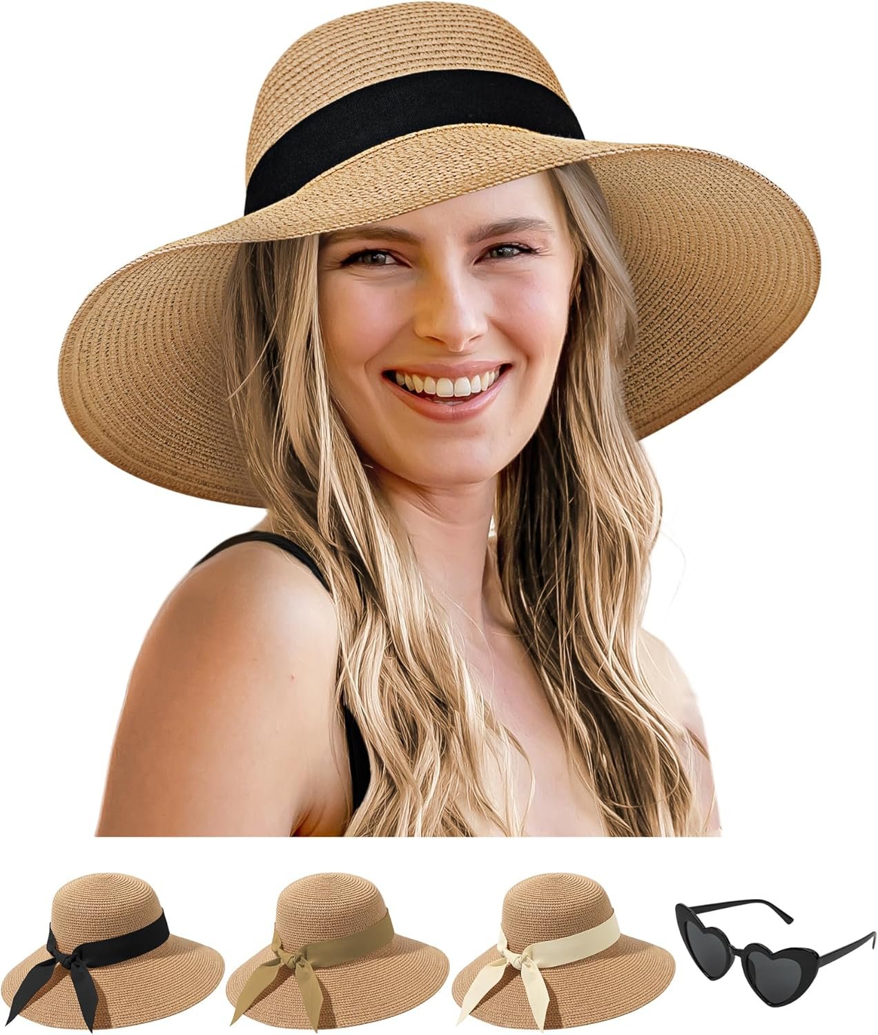 Senker Fashion Sun Hats for Women, Wide Brim Straw Floppy Hat for Beach Summer Vacation Garden Packable Roll Up UPF 50+