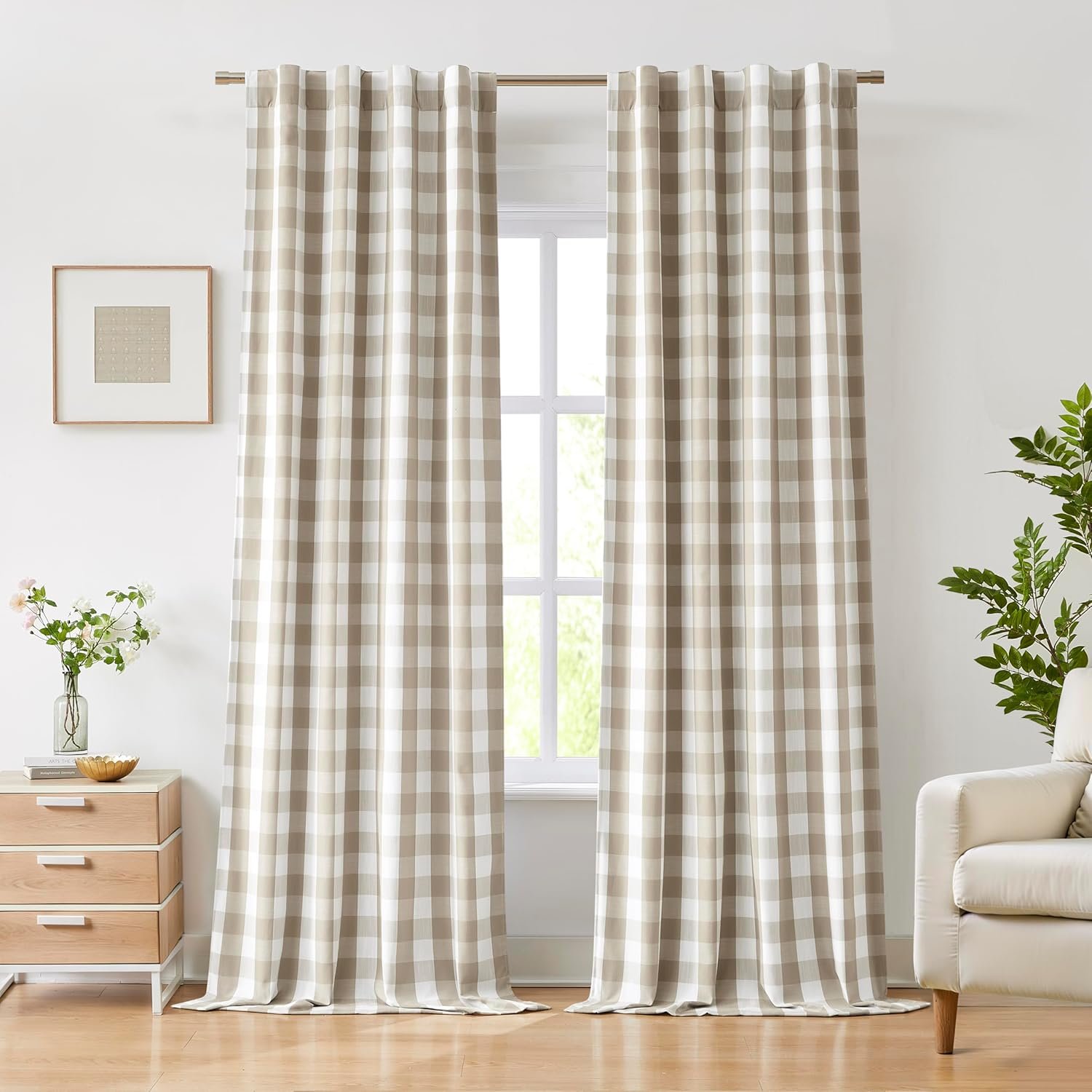 Beige White Buffalo Plaid Blackout Curtains 84 Inches Long for Bedroom Living Room,Thermal Insulated Noise Reducing Drapes,Vintage Farmhouse Window Treatment,Rod Pocket Back Tabs,40″Wx84″Lx2