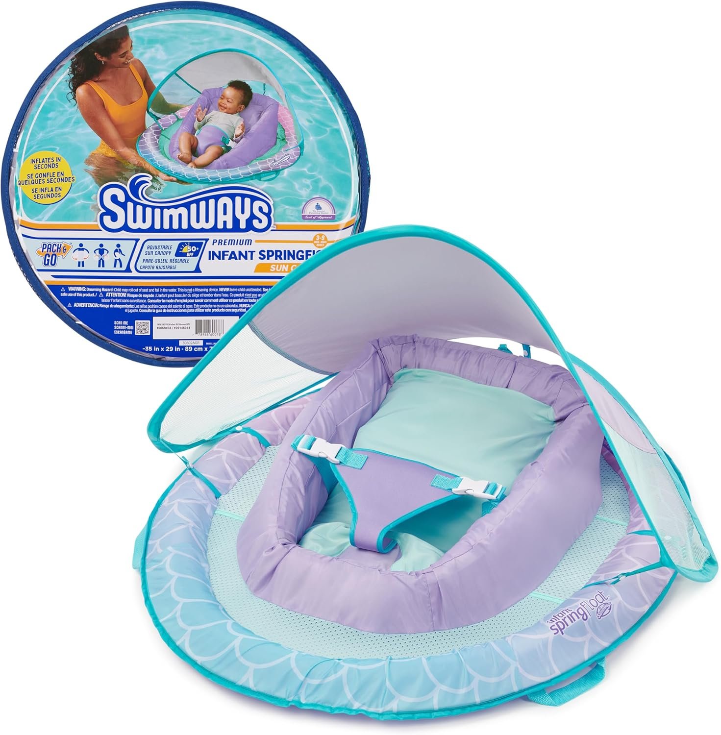 SwimWays Infant Spring Float, Baby Pool Float with Canopy, Swimming Pool Accessories for Kids 3-9 Months, Mermaid