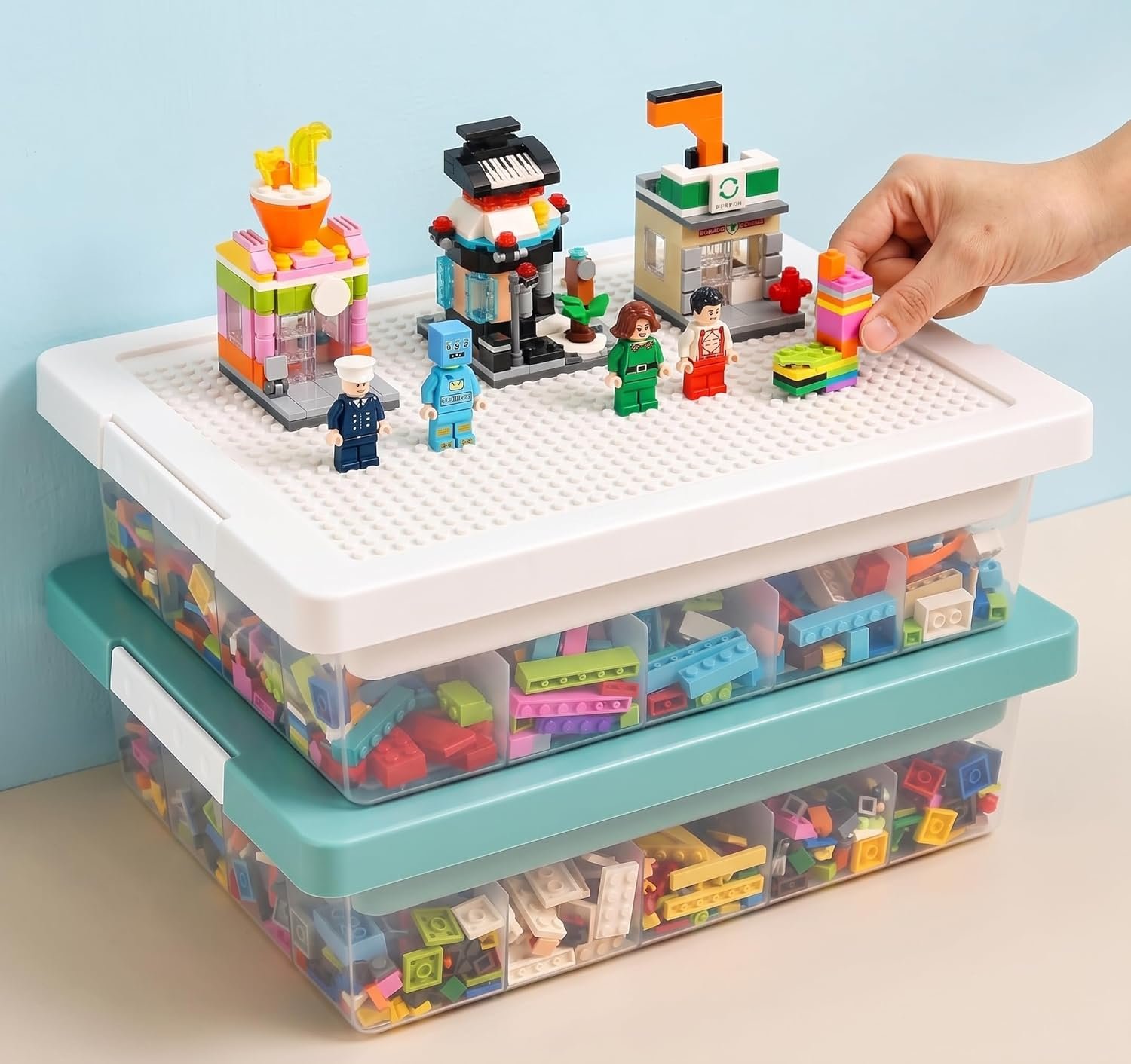 Toy Storage Organizer Box for Lego Bricks with Compatible Building Plate Lid, 3-Layer Removable Sorting Trays, Stackable Plastic Storage Bin, Building Block Organization (1pc-white)