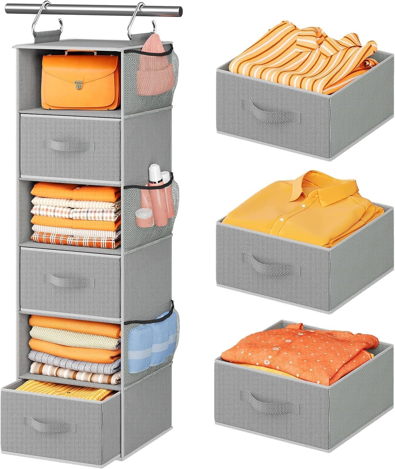 Pipishell Hanging Closet Organizer 6-Shelf, Hanging Shelves for Closet with 3 Removable Drawers & Side Pockets for Bedroom, Garment Rack and Wardrobe Organization, 12′ x 12′ x 43.3′, Dark Gray