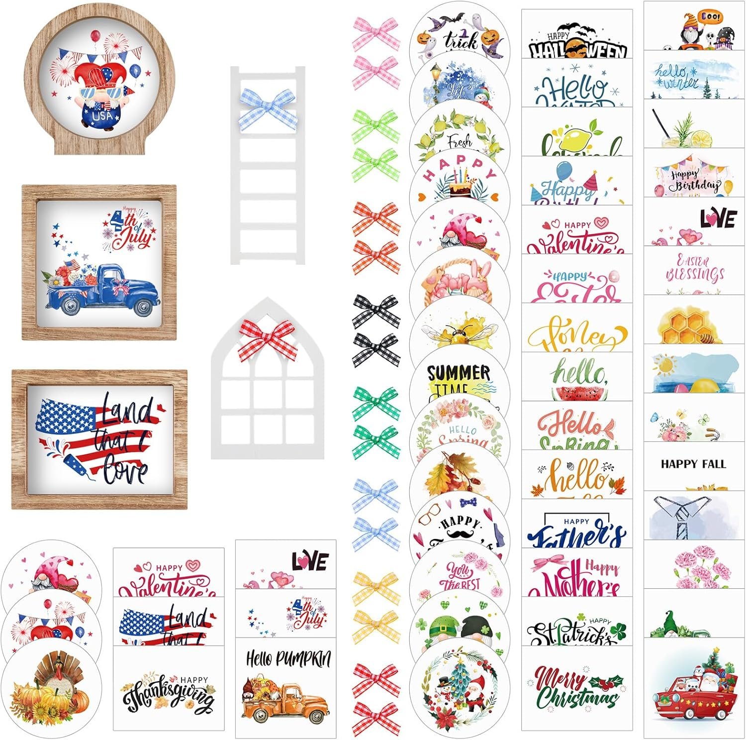 48 Pcs Interchangeable Seasonal Tiered Tray Decor Set Farmhouse Patriotic Summer Tiered Decoration Include Wood Frames with Ladders Card Bow Knot Tray Not Included(Fresh Color,Year Round Seasonal)