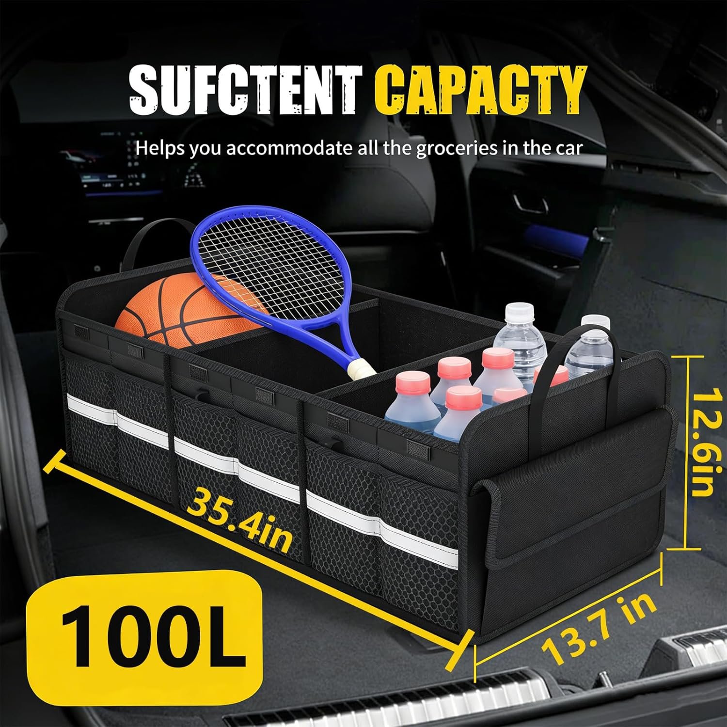 CloudDream Car Trunk Organizer and Storage, 35.4″ Large Foldable Cargo Storage with 3 Compartments & 6 Pockets, Waterproof Collapsible Organizer for SUV, Truck, Minivan, Sedan, Auto Accessories