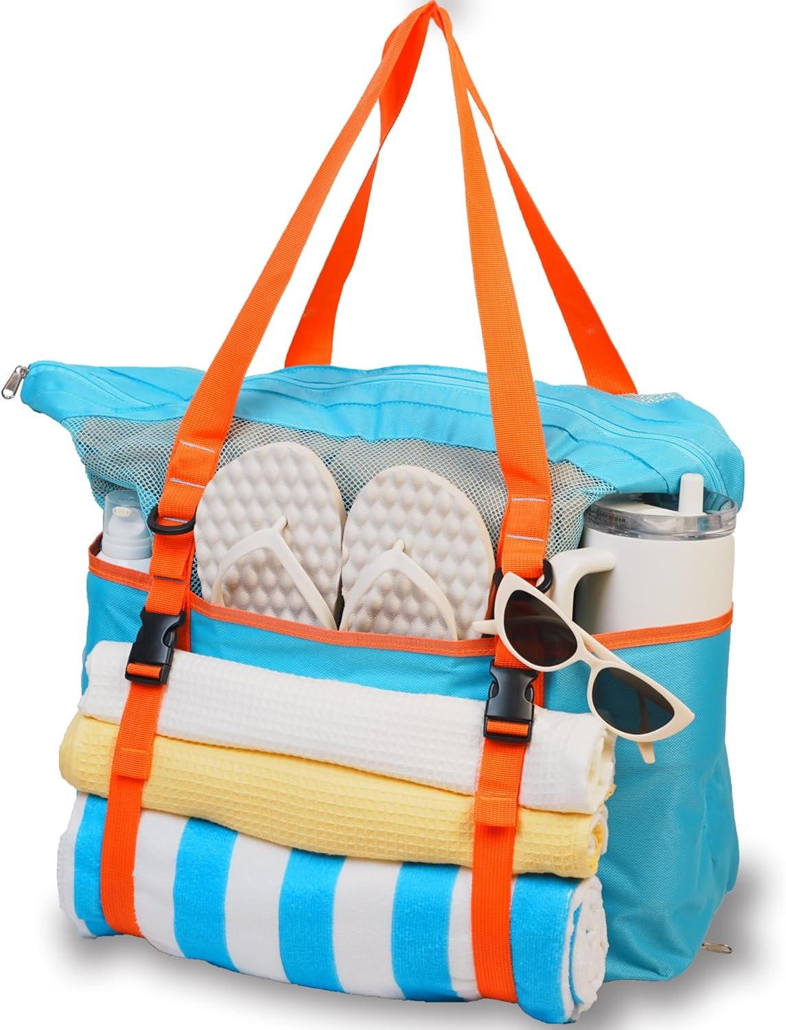 KOKKOYA Mesh Beach Bag with Zipper Top Pool Bag with Drainage 40L Large Beach Towel Tote for Women Cup Holder for Park Cruise