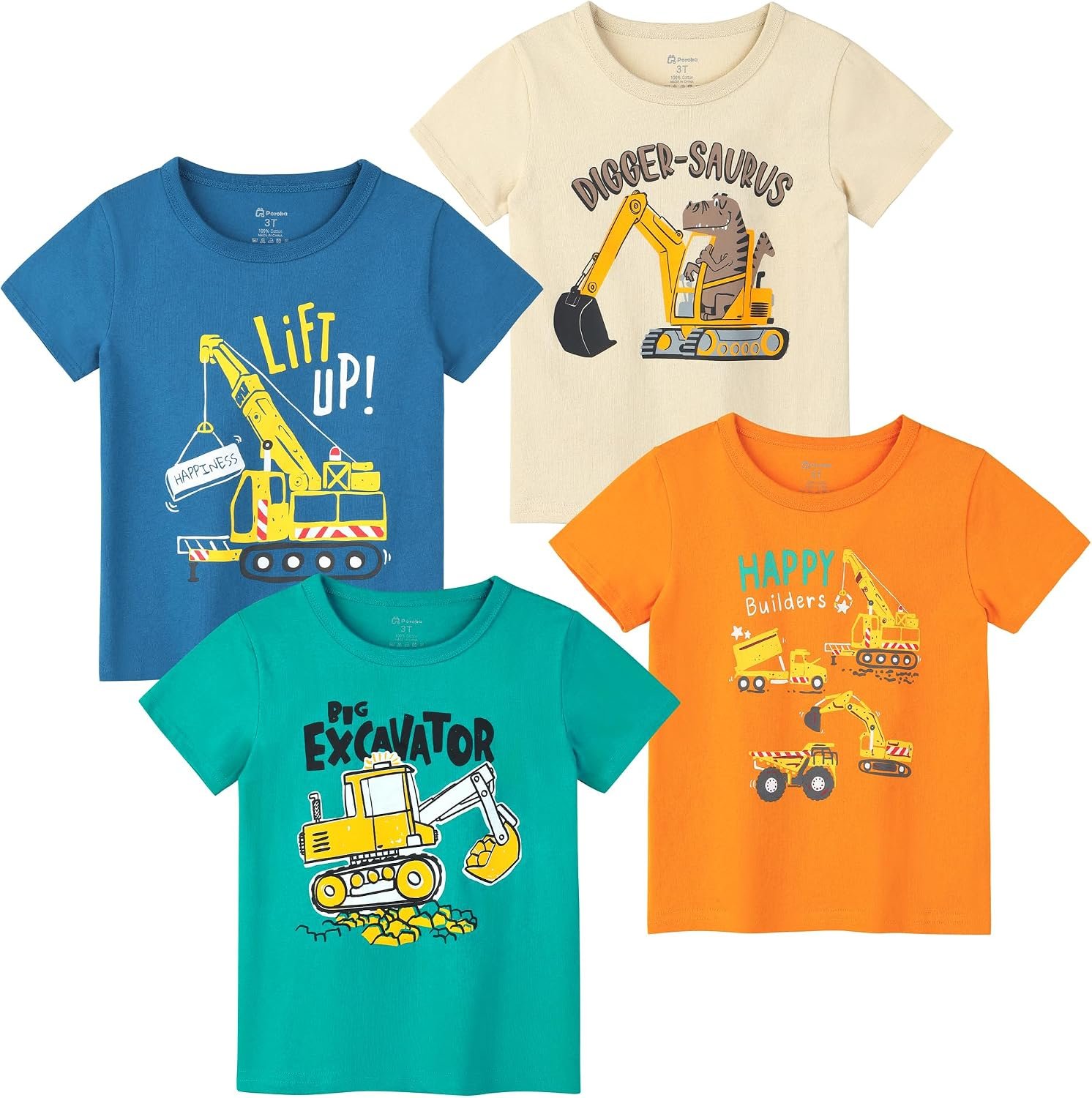 Poroka 4 Pack Toddler Boys Short Sleeve T-Shirts Summer Crewneck Tee Shirts Cotton Cartoon Graphic Tops Tees