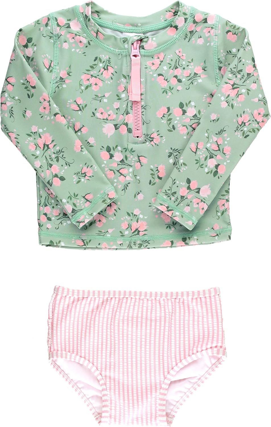 RuffleButts® Baby/Toddler Girls Long Sleeve Rash Guard 2 Piece Swimsuit Set w/UPF 50+ Sun Protection with Zipper