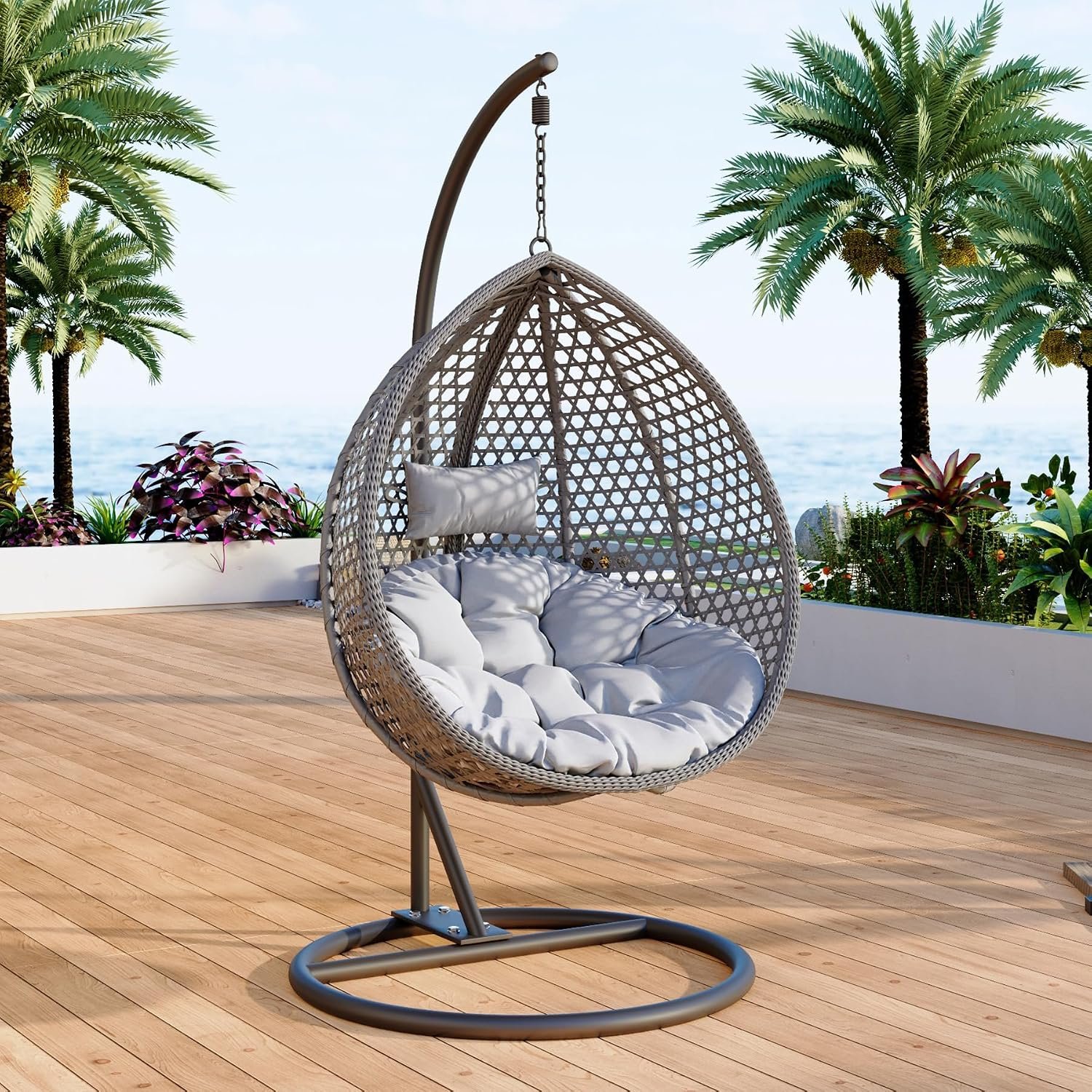 Egg Swing Chair Outdoor with Stand, Hanging Egg Rattan Basket Chair with Cushion and Pillow, Lounge Chairs for Backyard Sunroom Patio Balcony Bedroom (Grey)