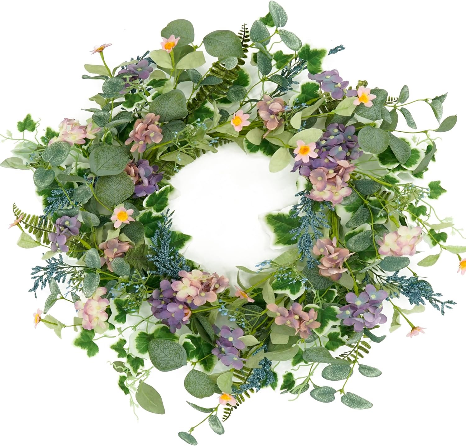 WreathDream Artificial Spring Wreaths for Front Door Summer Door Wreath with Purple Hydrangea Flowers for Front Door Indoor Outdoor Porch Farmhouse Home Wall Window Festival Wedding Decor